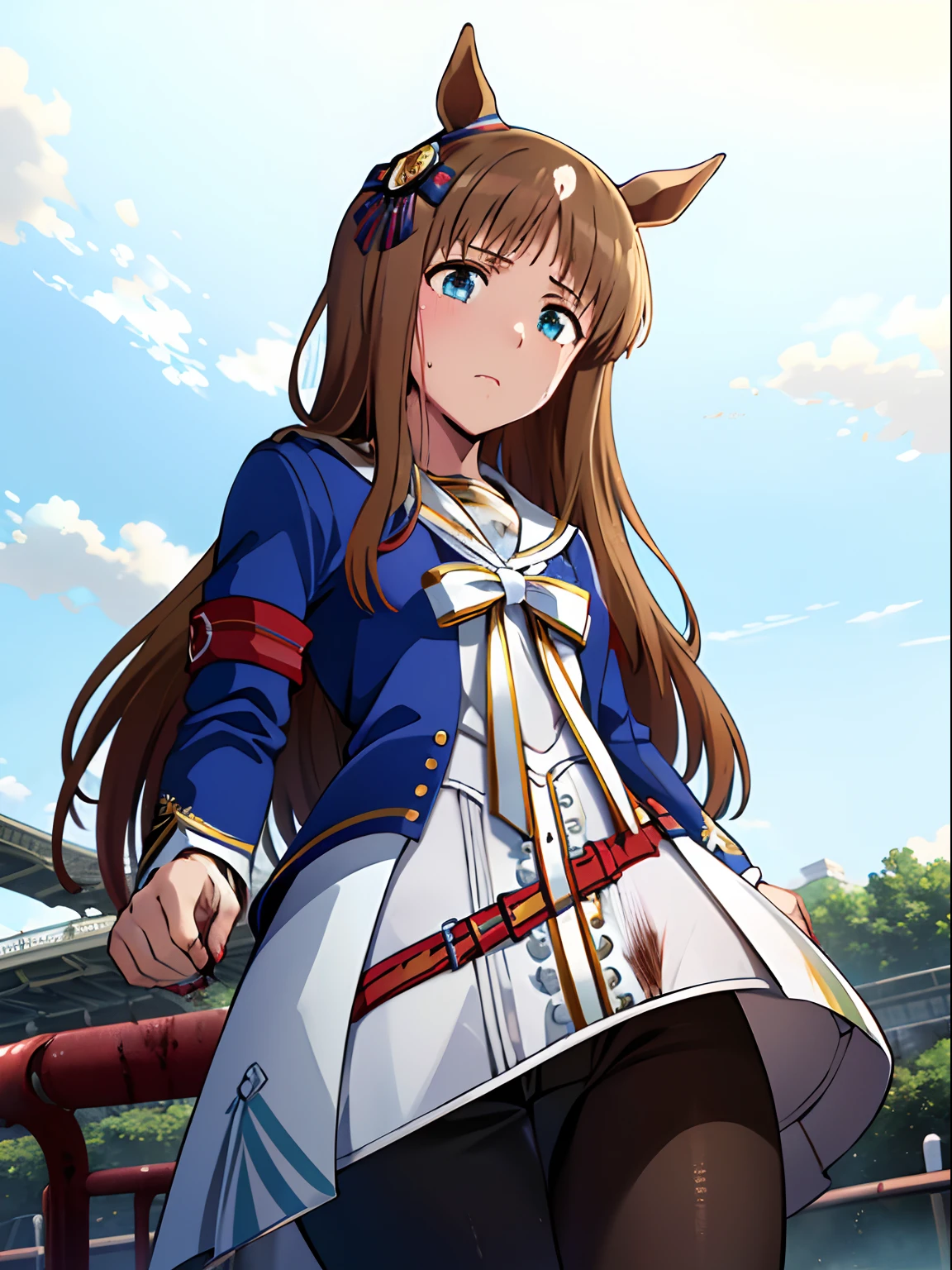 grass wonder \(Umamusume\), 1 girl, Solo, Best Quality, masutepiece, 8K, High resolution, Ultra-detailed, from below, ((dash, sprint)), Blue jacket, White sailor color, Long sleeves, White skirt, Black pantyhose, sweat, ((muddy clothes:1.2)), (((racecourse))),
