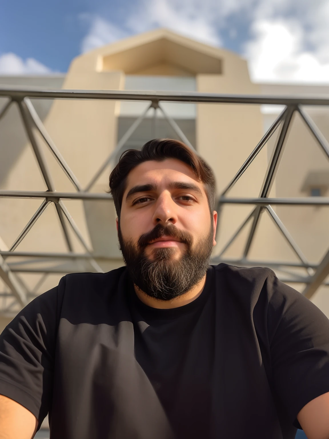 Man with beard and black shirt sitting in front of a building, George Doutsiopoulos, emanuele dascanio, stefano brunesci, Donoto Giancola, gui guimaraes, giuseppe dangelico pino, Alexandros Pyromallis, david rios ferreira, Fotografia selfie 8k, Jorge Patsouras, riccardo federici