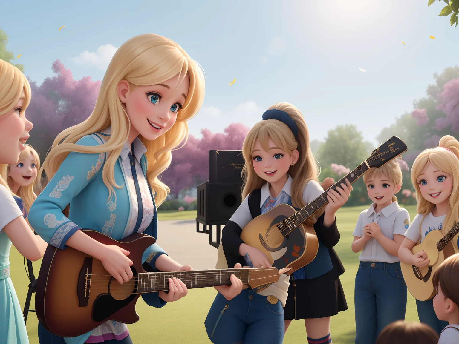 (highres,best quality,realistic) A woman in her thirties, with long blonde hair, playing the guitar, smiling with children singing with microphones in their hands (portrait,live concert,joyful atmosphere:1.1), beautiful detailed eyes, beautiful detailed lips, long eyelashes, vibrant colors, natural sunlight, cheerful expressions, vibrant audience, stage lighting, magical atmosphere, joyful music, dynamic poses, lively interactions, happy atmosphere, trees and flowers in the background, sunlit outdoor setting.