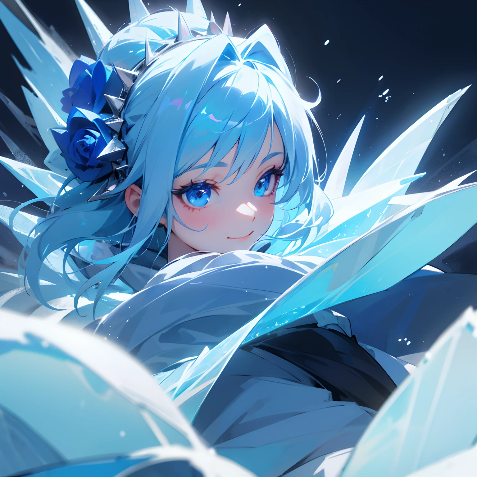 blue rose girl, fully covered, rose on hair, hair accessories, ice magic, spikes, blizzard, blue hair, hd, ultra quality, pleasant face, mild smile, long shot, wide shot, wide angle, looking away, detailed eyes, frozen environment, winter