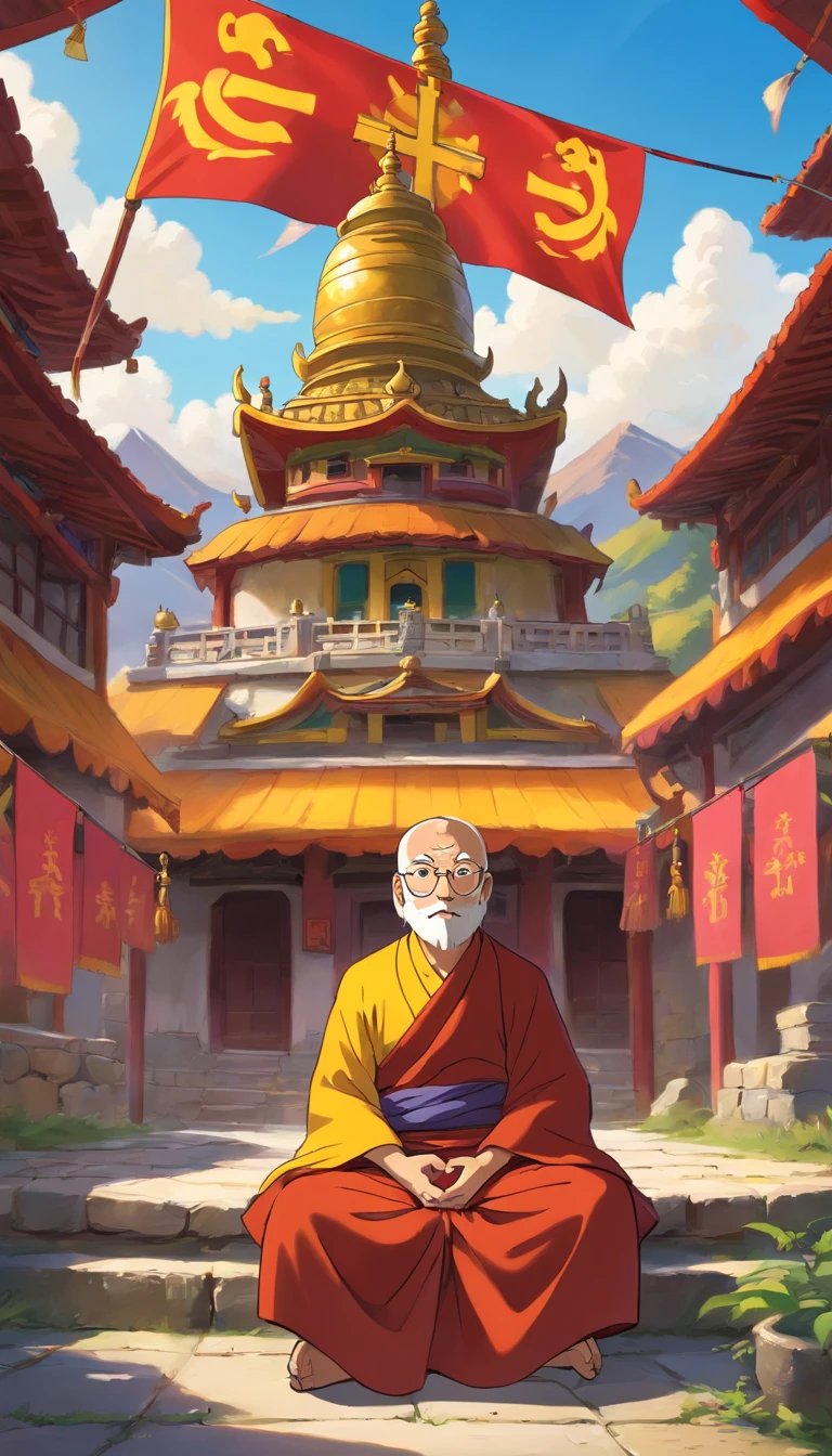 tibetan monastery, colorful tibetan flags, warm, buddhist monk cross-legged sitting, meditation, tone color film, windy