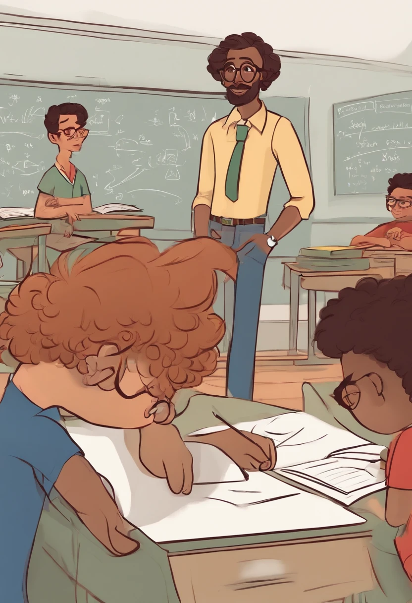 Horny Math Teacher , homem branco, jovem de vermelho, cabelo liso, square glasses, In a classroom with Pixar style kids