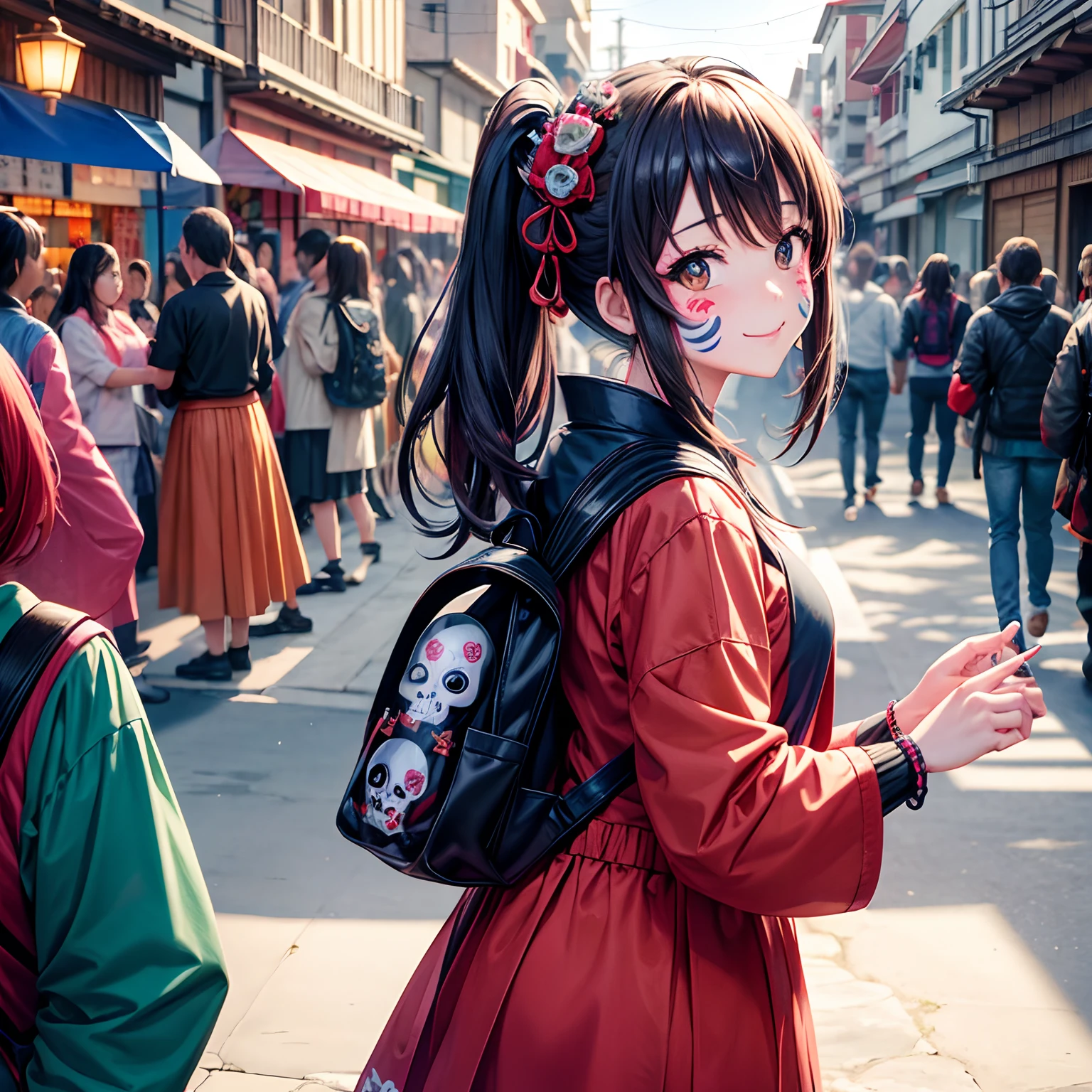 Anime Style Japanese Girl Smiling In Mexico Village With Backpack Arriving For Dia De Los Muertos Party With Bodý Face Paint Skull Santa Muerte Painted As Skull, We see Marian musicians playing in the streets crowded with people with Dia de los Muertos decorations