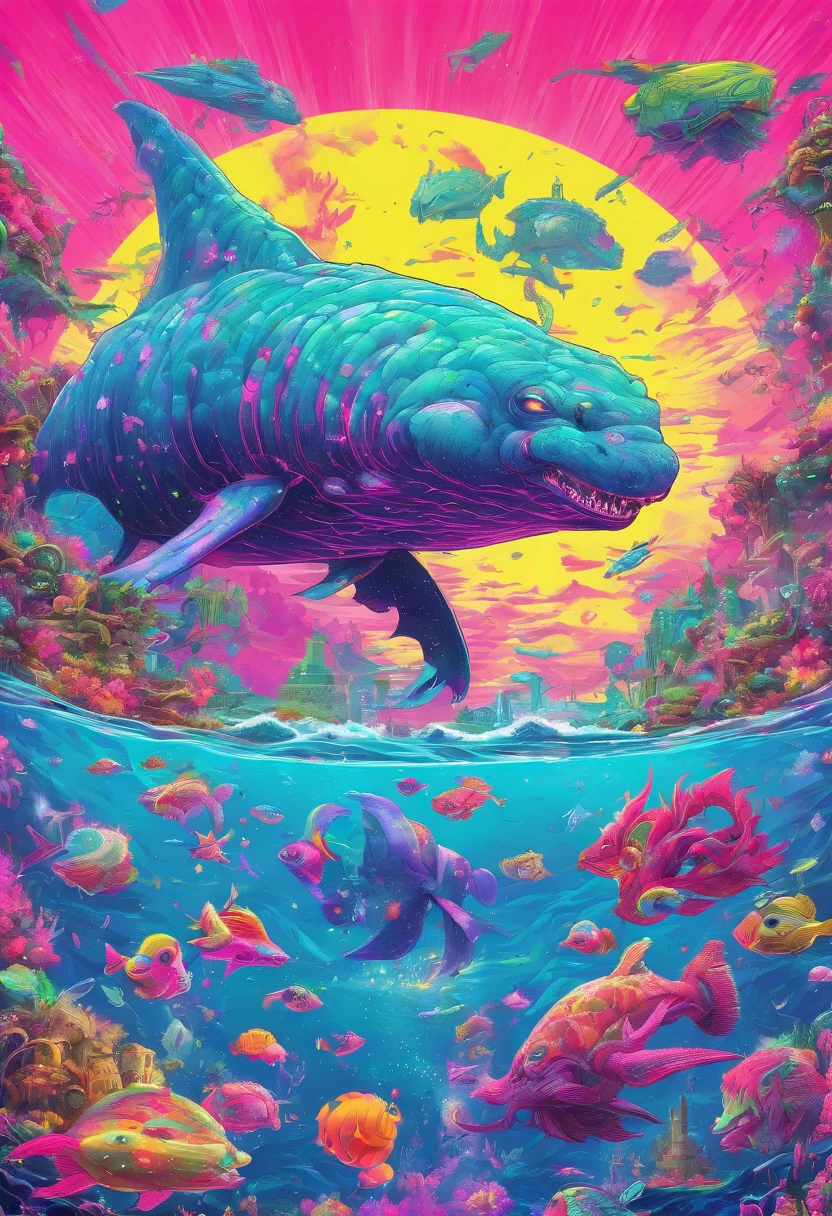 Retro valve punk ， In the underwater world， Cluttered environment， Mutant sea behemoths，Nuclear contamination