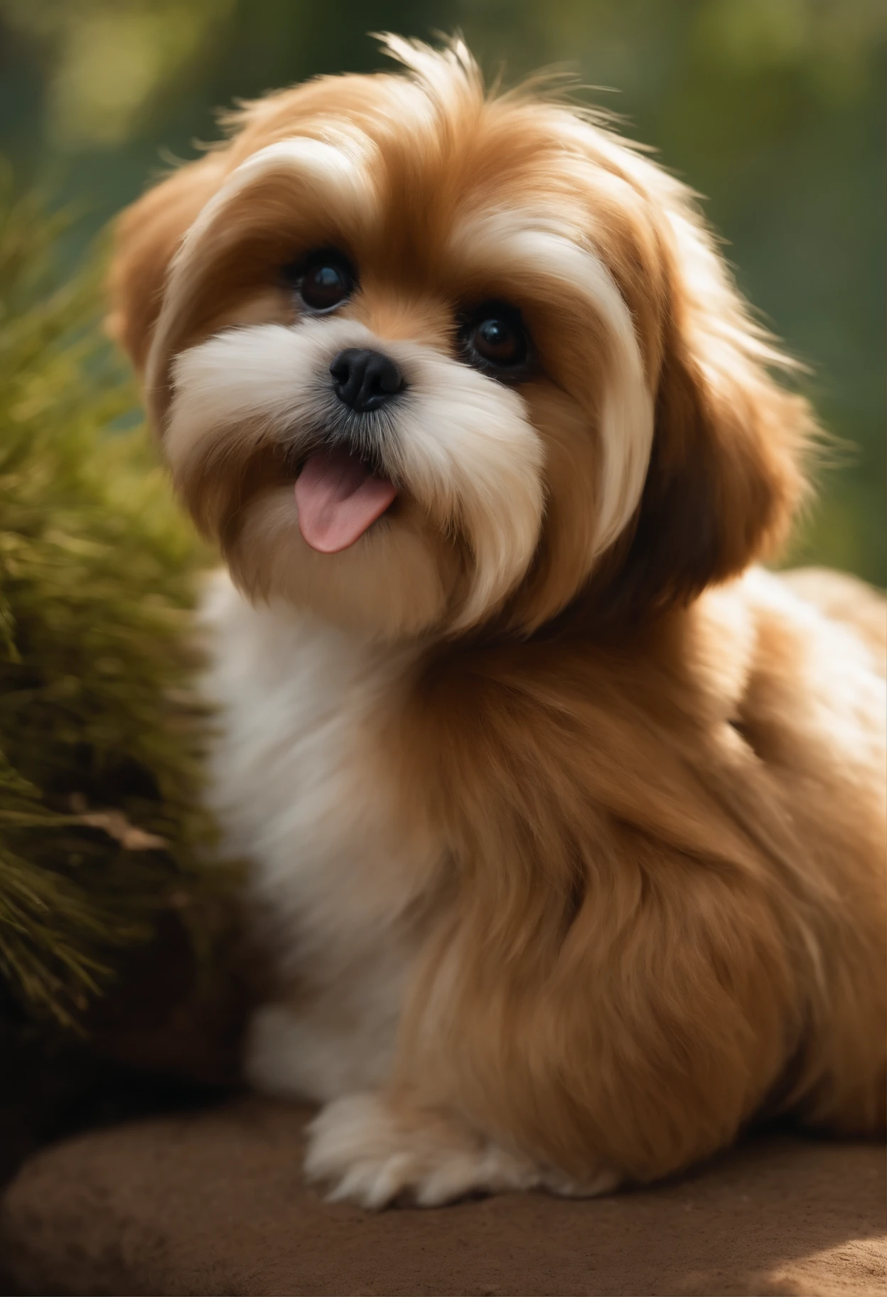 criar POST estilo Disney pixar, cachorro Lhasa apso, branco com manchas marrons, com gravata borboleta azul, feliz, with brown plush monkey, na floresta