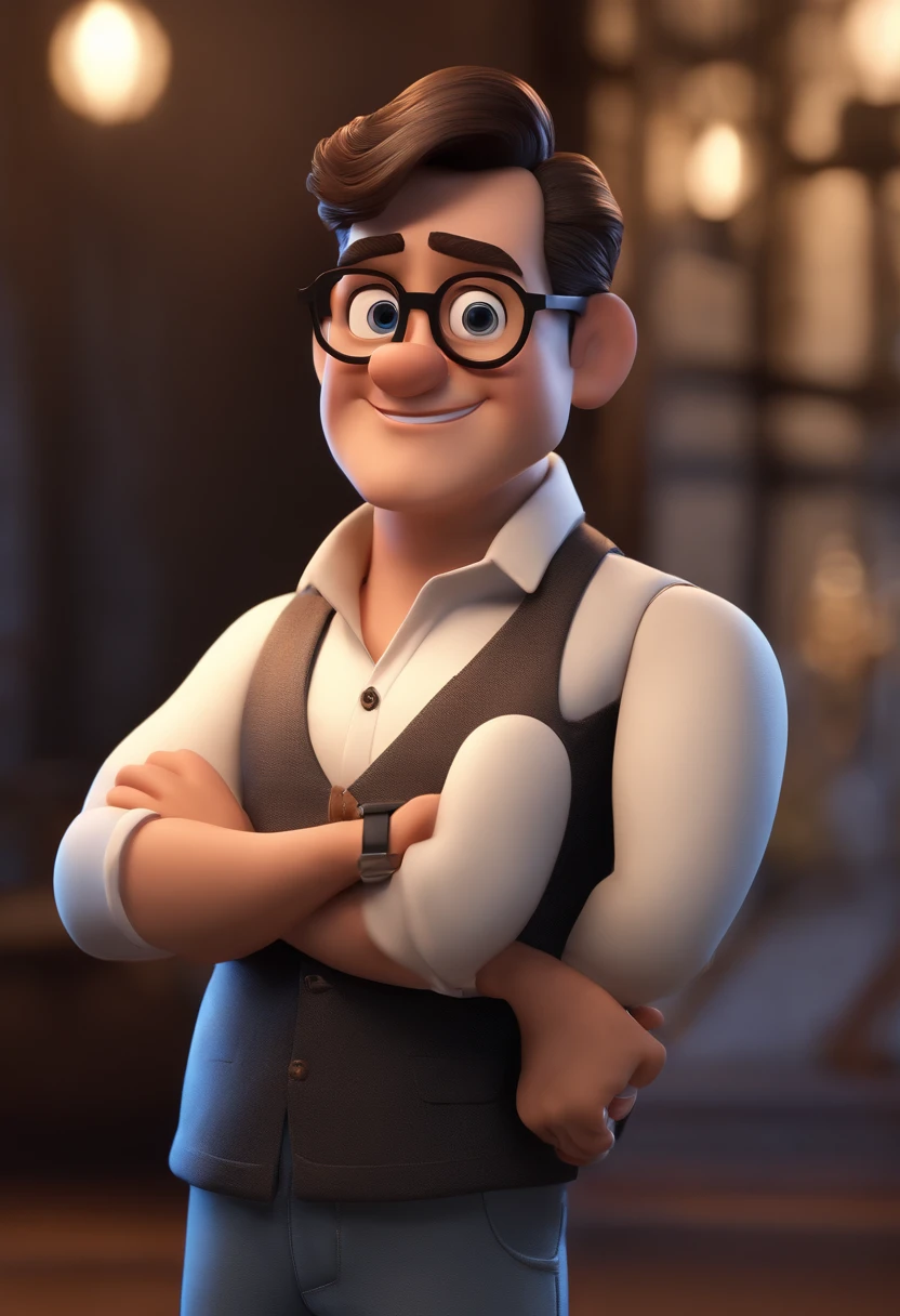 Cartoon character of a man wearing black glasses and a blue shirt, an animated character, stylized character, animation style render, Stylized 3 D, arnold maya render, 3 d render stylized, toon render keyshot, 3d character, 3 d character, stylized 3d render, 3 d character render, cartoon character, close up character, character posing, (Pixar style) (Masterpiece:1.2) (Bokeh) (Best quality) (Detailed skin) (Detailed texture) (8K) (Clay) (Cinematic lighting) (Sharp focus,Sits and leaks the upper body