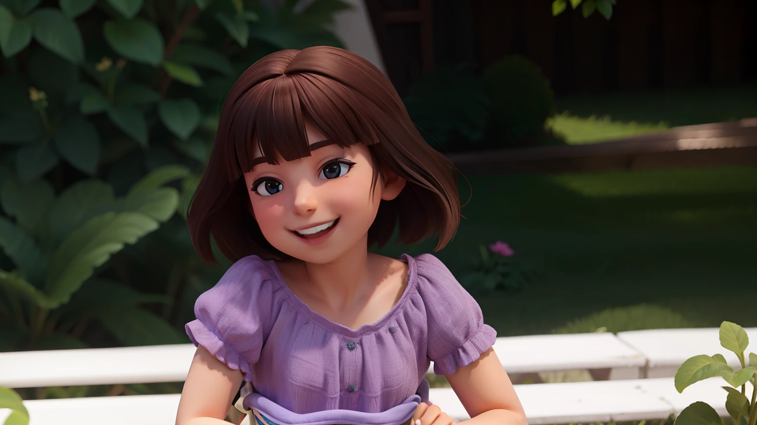 Menina sorrindo com flor no cabelo cacheado