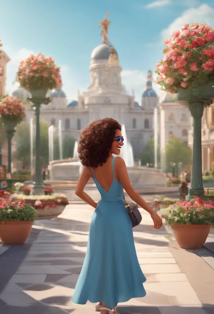 cartoon, disney, pixar, smiling woman in sunglasses standing in front of a fountain, curly hair, on a sunny day, in a city square, oversize, blue dress with flowers, having a great time, standing in a city center, white shoes, cellphone on right hand, small cross tattoo on the left wrist