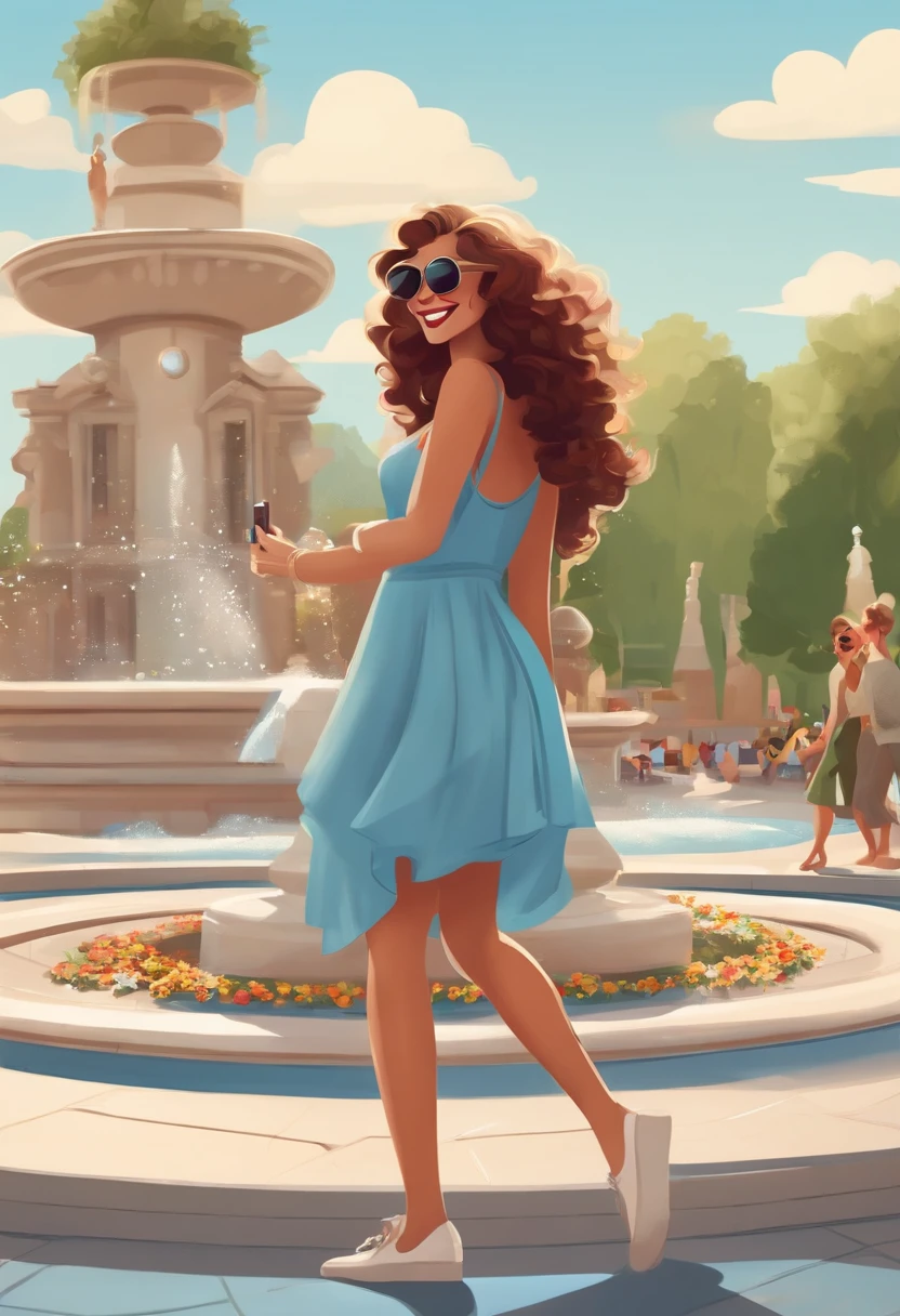 cartoon, disney, pixar, smiling woman in sunglasses standing in front of a fountain, curly hair, on a sunny day, in a city square, oversize, blue dress with flowers, having a great time, standing in a city center, white shoes, cellphone on right hand, small cross tattoo on the left wrist