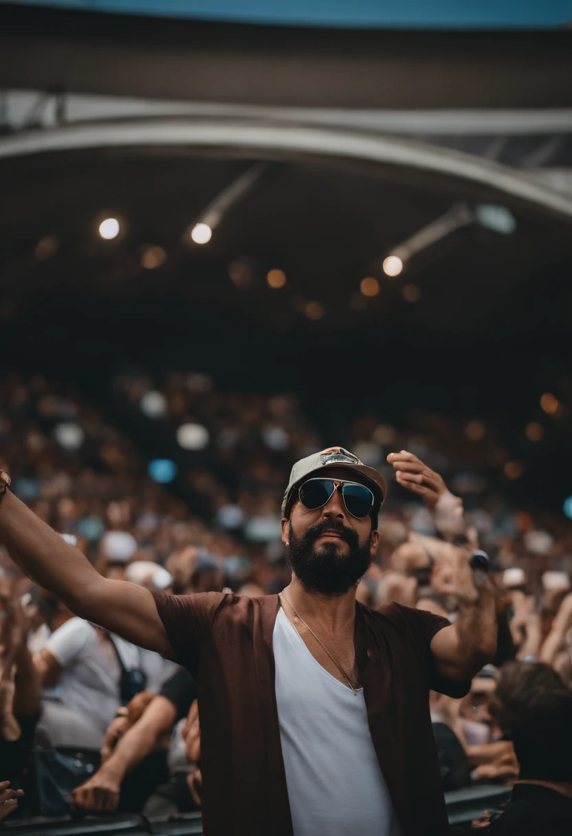 There's a man with a beard and a cap at a concert, foto de 2022, Fotografia tirada em 2 0 2 0, imagem de perfil, foto de perfil, foto do perfil, wearing sunglasses and a cap, audience selfie, Maurício Franchina, Directed by: Bernie D'Andrea, imagem do avatar, foto de perfil, Directed by: Ric Estrada, david rios ferreira