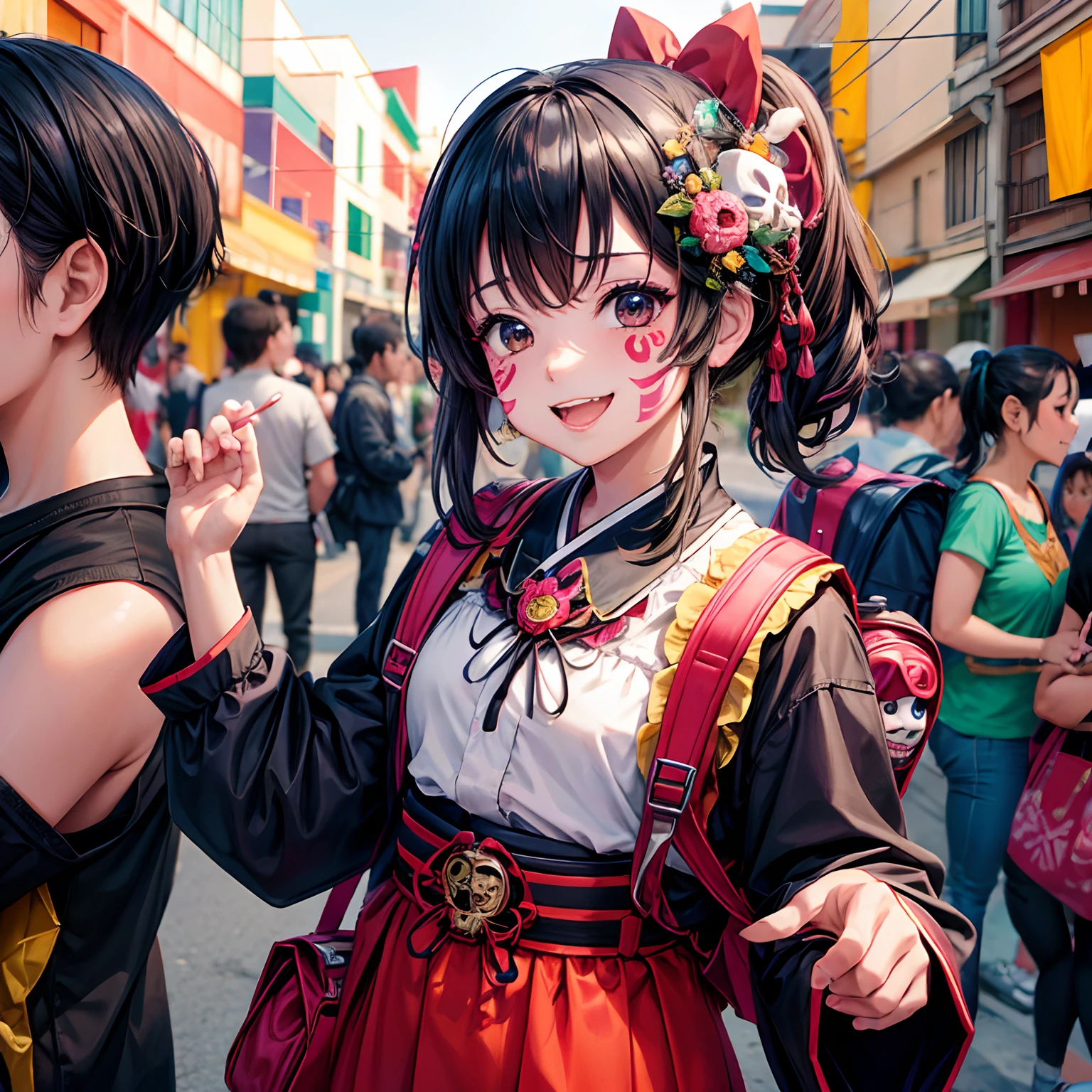 Anime Style Japanese Girl Smiling In Mexico Village With Backpack Arriving For Dia De Los Muertos Party With Bodý Face Paint Skull Santa Muerte Painted As Skull, We see Marian musicians playing in the streets crowded with people with Dia de los Muertos decorations