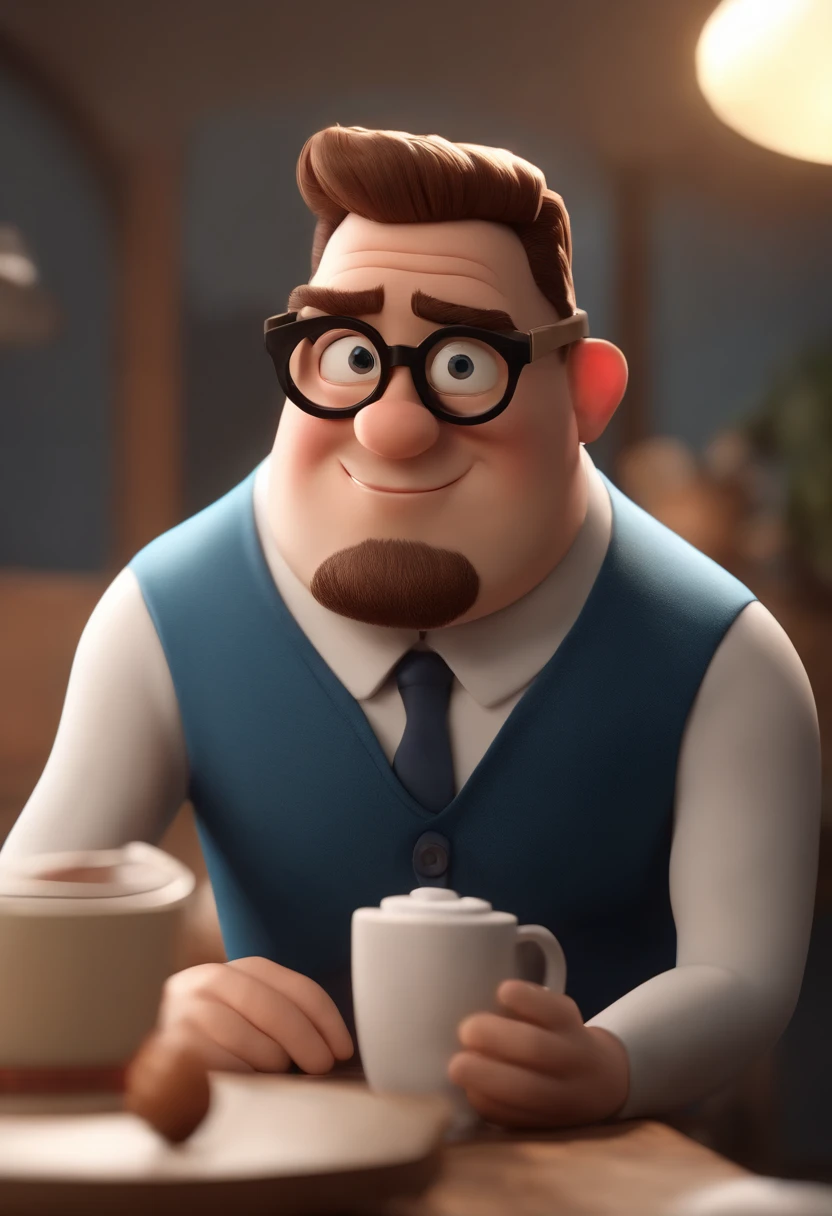 Cartoon character of a man wearing black glasses and a blue shirt, um personagem animado, Caractere estilizado, animation style rendering, 3D estilizado, Arnold Maya render, 3 d render stylized, toon render keyshot, Personagem 3D, Personagem 3D, 3d rendering stylized, 3 d character render, personagem de desenho animado, Personagem de close up, Pose de personagem, (Estilo Pixar) (master part:1.2) (Bokeh) (best quality) (pele detalhada) (textura detalhada) (8k) (argila) (Cinematic lighting) (foco nítido,Senta e vaza a parte superior do corpo