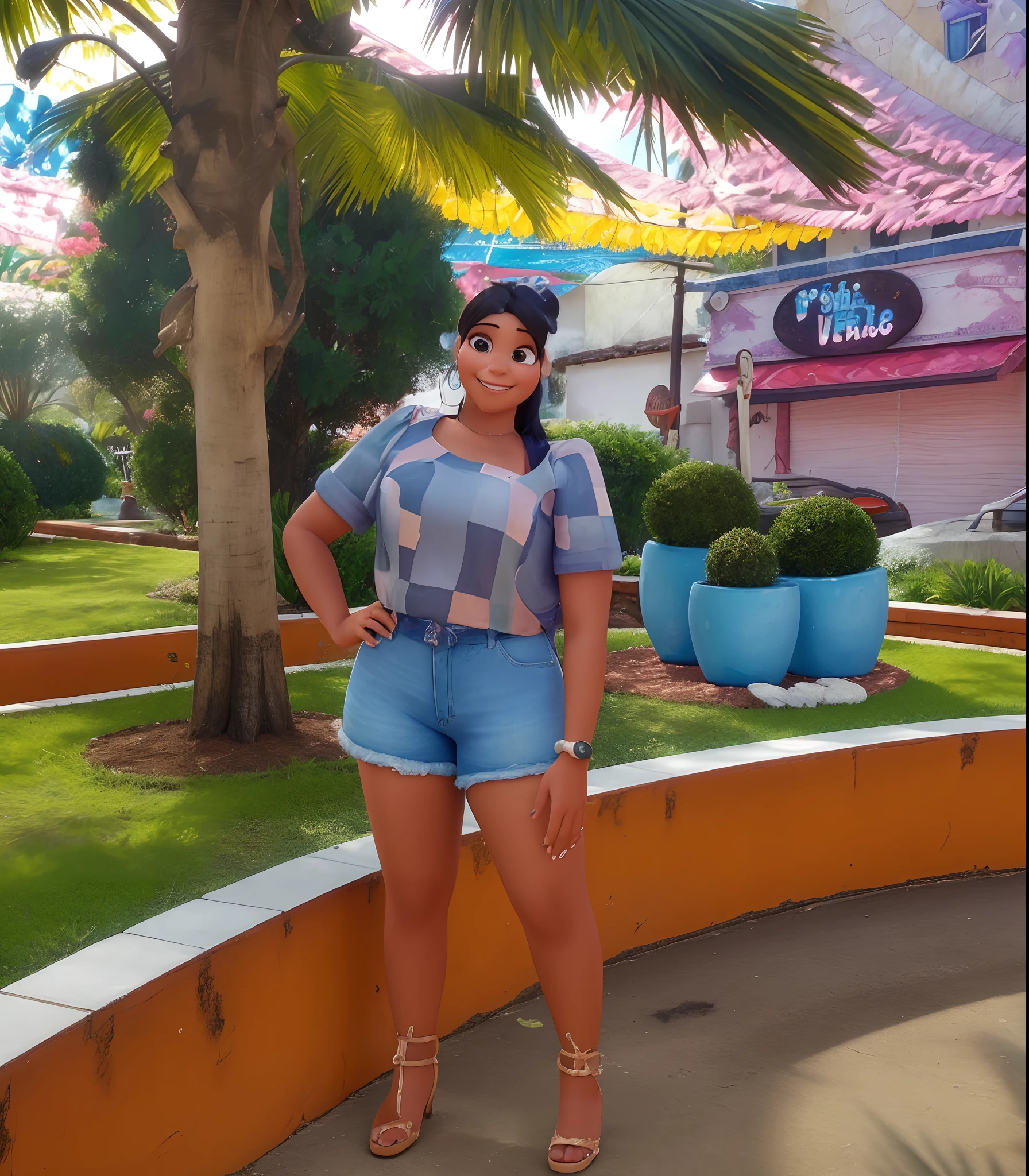 Imagem estilo Pixar com personagem 3d, mulher morena cabelo curto preto, gorda, camisa quadriculada, short jeans, Maquiagem Disney, sorridente , Pixar, Disney, Cinema lighting,Background is a garden, Clock on the right arm