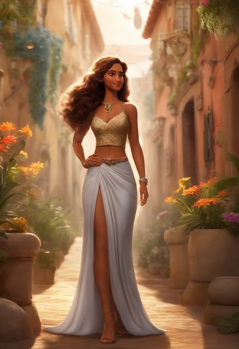I'd like a Disney-style animation
Pixar.
The setting is in the city of Fortaleza.
The main character is a 34-year-old woman, jovem, sorridente, com cabelo cacheado com luzes loiras, olhos castanhos claros, Um cabelo longo. The animation needs to be complete, The skirt is long and hippie style. wears sandals, usa um croped preto, with a small silver necklace and wears silver earrings and silver rings. Has medium nails, A silver right hand ring.