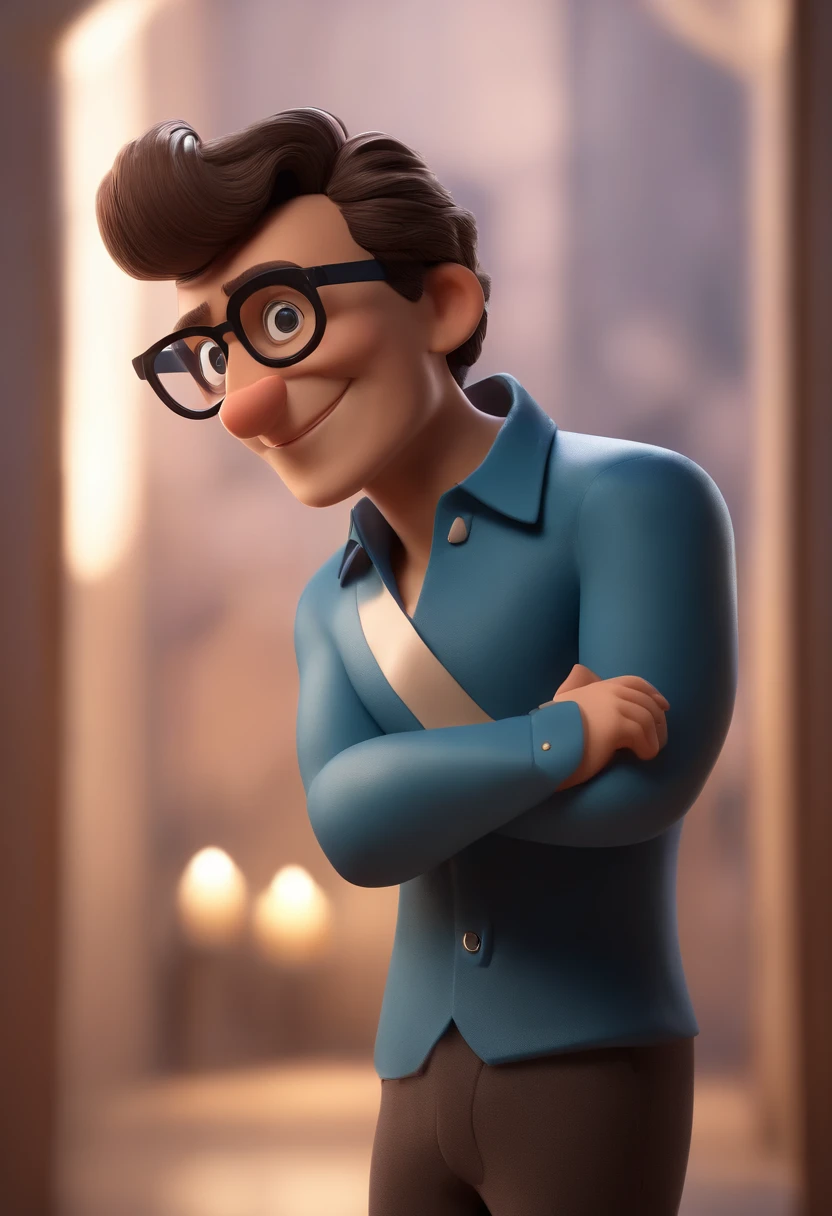Cartoon character of a man wearing black glasses and a blue shirt, um personagem animado, Caractere estilizado, animation style rendering, 3D estilizado, Arnold Maya render, 3 d render stylized, toon render keyshot, Personagem 3D, Personagem 3D, 3d rendering stylized, 3 d character render, personagem de desenho animado, Personagem de close up, Pose de personagem, (Estilo Pixar) (master part:1.2) (Bokeh) (best quality) (pele detalhada) (textura detalhada) (8k) (argila) (Cinematic lighting) (foco nítido，Senta e vaza a parte superior do corpo