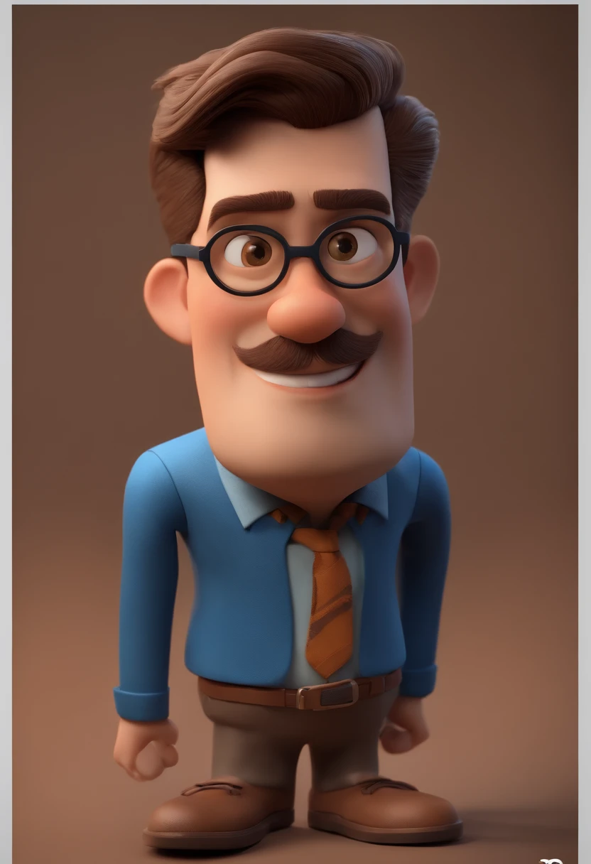 Cartoon character of a man with black glasses, cabelo cacheado marrom escuro e uma camisa azul, animation character, Caractere estilizado, animation style rendering, 3D estilizado, Arnold Maya render, 3 d render stylized, toon render keyshot, Personagem 3D, Personagem 3D, 3d rendering stylized, 3 d character render, personagem de desenho animado, Personagem de close up, Pose de personagem,  (Estilo Pixar) (master part:1.2) (Bokeh) (best quality) (pele detalhada) (textura detalhada) (8k) (argila) (Cinematic lighting) (foco nítido