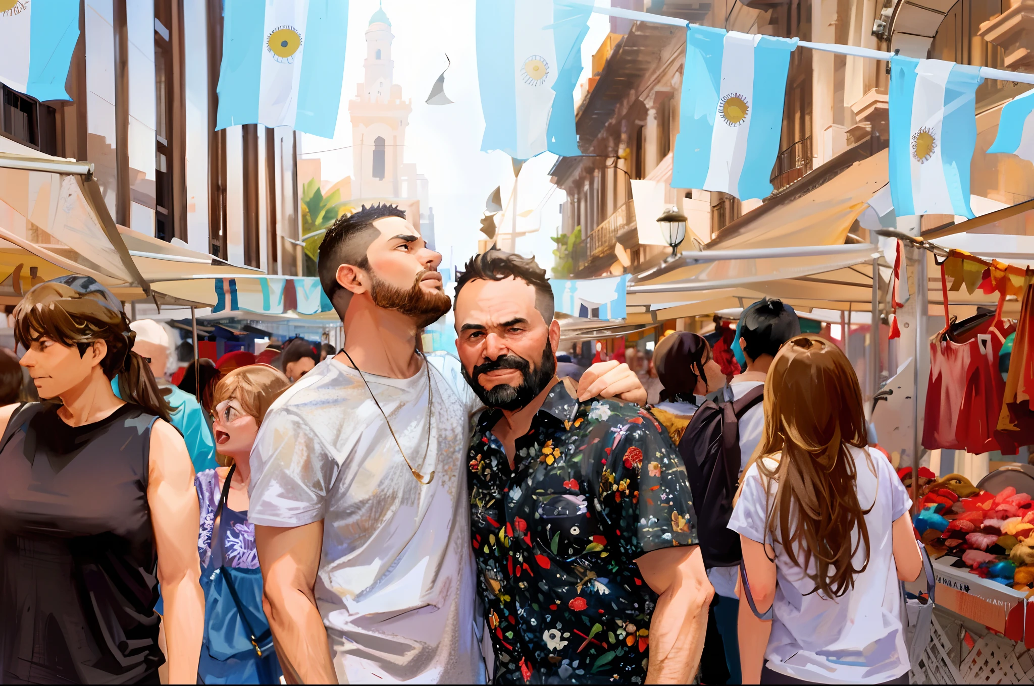 There's two men next to each other in a market, Buenos Aires, flags of argentina behind, Argentine flags behind, Directed by: Meredith Dillman, Directed by: Emma Andijewska, by Amelia Peláez, flags of argentina behind, por Ingrida Juniper, Directed by: Matteo Pérez, Directed by: Sam Dillemans, Directed by: Julia Pishtar, visual deslumbrante