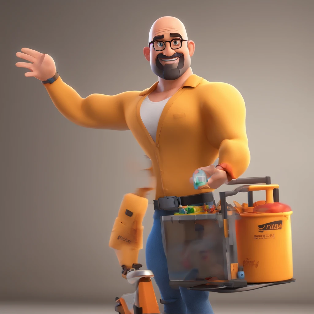 Criar um personagem no estilo Pixar. Trata-se de um homem de 40 anos, com barba, shaved head, cara fechada, e um quiff, e olhos castanhos. Ele deve estar em uma forja com bigorna e um foro ao fundo