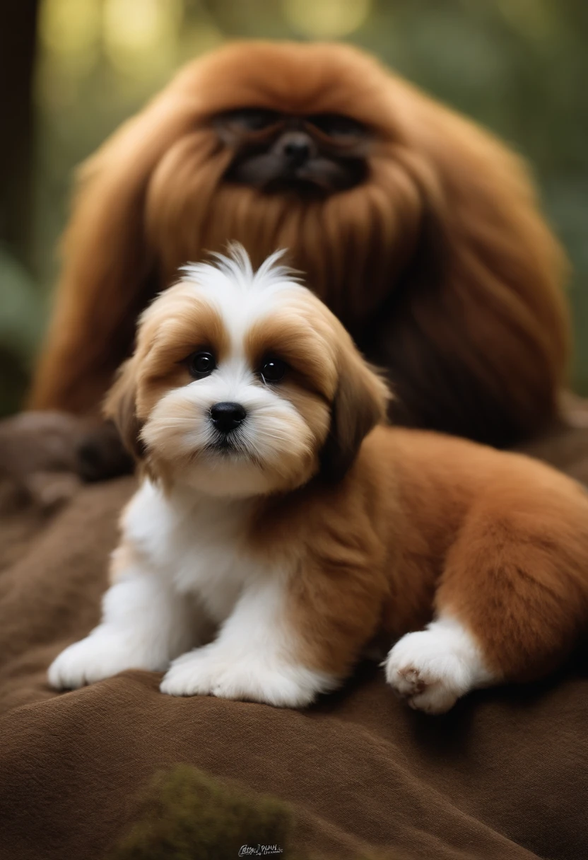 criar POST estilo pixar, cachorro Lhasa apso, branco com manchas marrons nas costas, feliz, with brown plush monkey, na floresta
