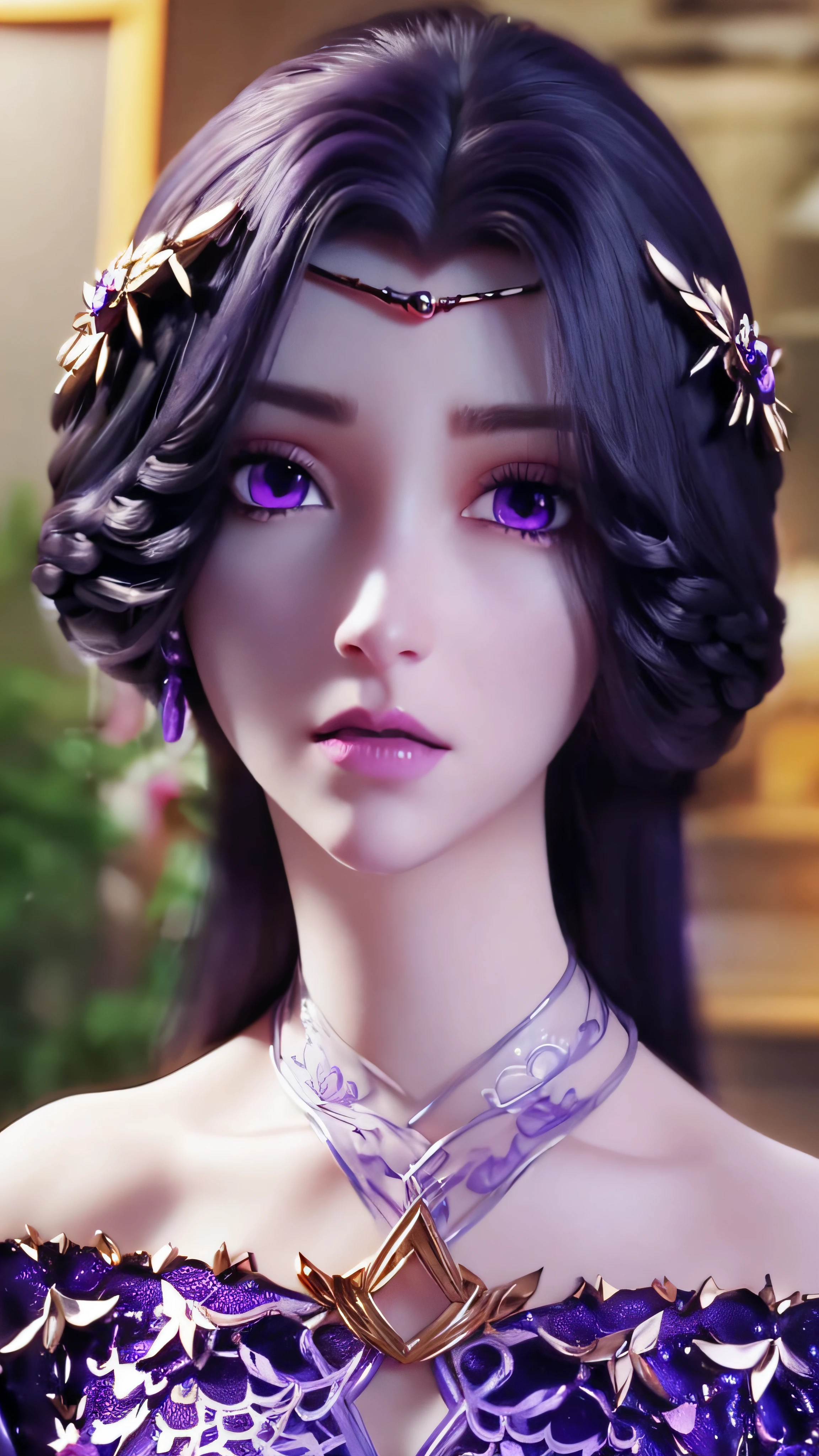 A beautiful and sexy 20 year old girl, Very sexy girl in a thin strapless purple nightgown, Purple silk dressing gown,Sexy lace trim, Long purple hair and bangs, and jewels. The finest and most beautiful hair, ((Wear a purple lace necklace: 1.6)), Super cute little face, very pretty look face, Sparse eyebrows, beautiful and flawless face, (black eye pupil: 0.8)), verybeautifuleyes, ((Purple eyes:1.4)), Beautiful makeup and fine eyelashes, High nose, Earrings, Red lips, ((Closed mouth:1;5 )) Beautiful lips, Slim arms, The most beautiful thighs, ((2 arms spread out to the sides: 1.5)), Rosy face, Clean face, flawless and beautiful face, Smooth white skin, (Big chest: 1.5)), ((Protruding breasts: 1.5)), Plump breasts, The beautiful, ((Large, round breasts: 1.8)), ((Ultra-tight breasts: 1.5)), Beautiful breasts, 2 hands behind the back, The upper body of a beautiful girl, 8k photograph, Super high quality, Super realistic, 10x Super Pixel, Realphotos, Dark Studio, Light border, Two-tone light color, (High detail skin: 1.2), Super 8K, Soft light, High quality, volumettic light, Realistic, Photo, high resolution, Light, best photos, 4K, 8K quality, blurry effect, Smooth and sharp, 10 x pixels, (milky ways: 1.7) ), extreme light, Lightning, Surreal graphics, The most realistic graphics, Alone, Solo, Extremely sharp, surreal image, (((Frontal portrait :1.2) ))."