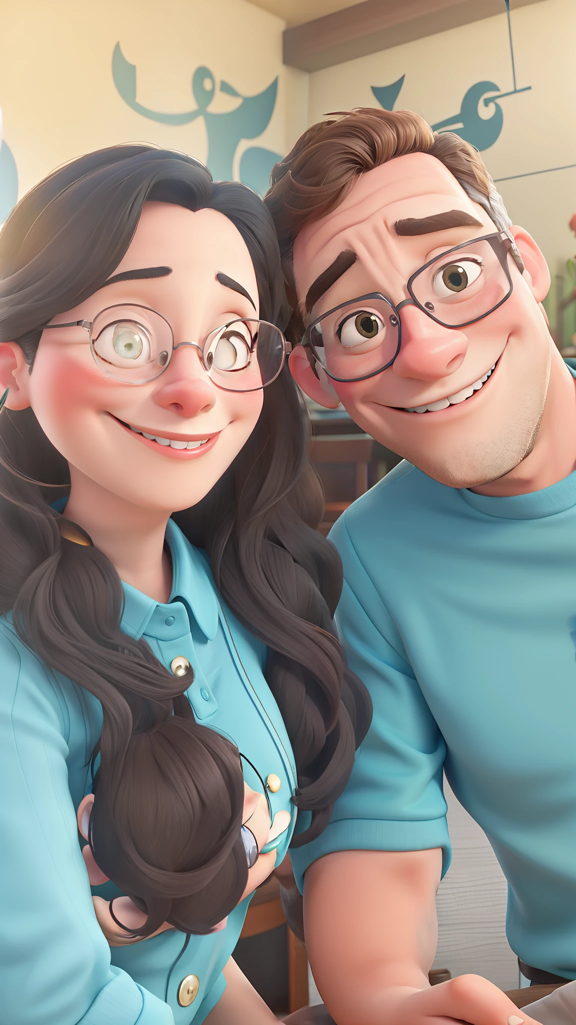 Disney Style Couple With Glasses Smiling In Restaurant.