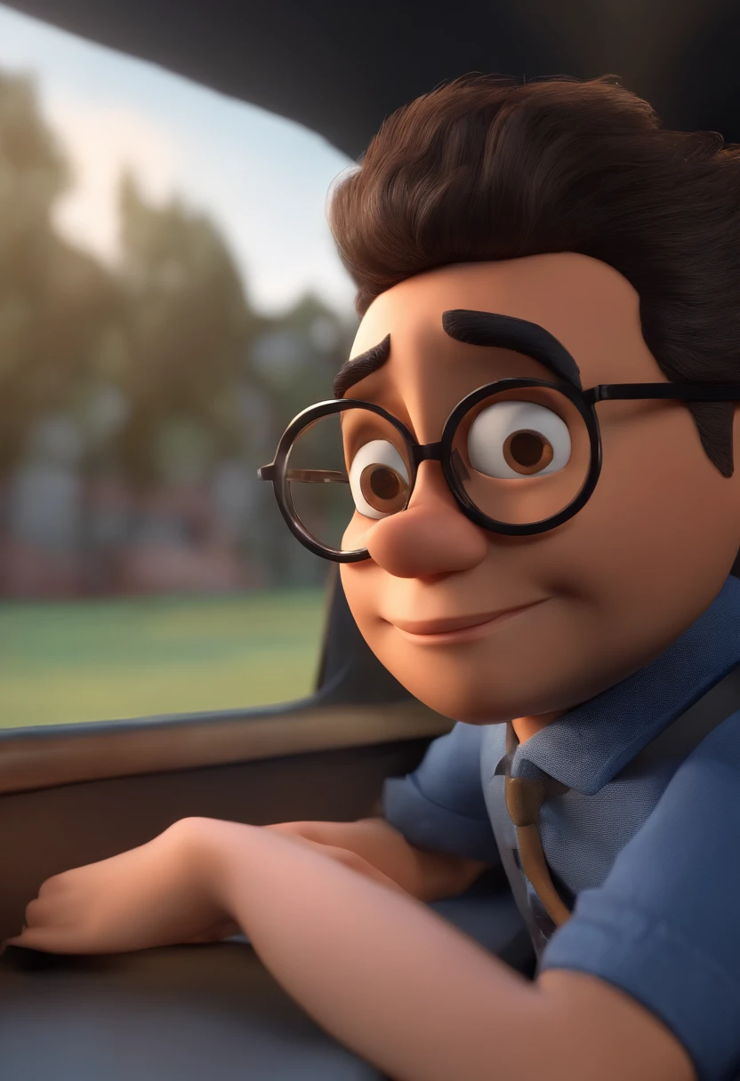 Cartoon character of a man wearing black glasses and a blue shirt, um personagem animado, Caractere estilizado, animation style rendering, 3D estilizado, Arnold Maya render, 3 d render stylized, toon render keyshot, Personagem 3D, Personagem 3D, 3d rendering stylized, 3 d character render, personagem de desenho animado, Personagem de close up, Pose de personagem, (Estilo Pixar) (master part:1.2) (Bokeh) (best quality) (pele detalhada) (textura detalhada) (8k) (argila) (Cinematic lighting) (foco nítido,Senta e vaza a parte superior do corpo