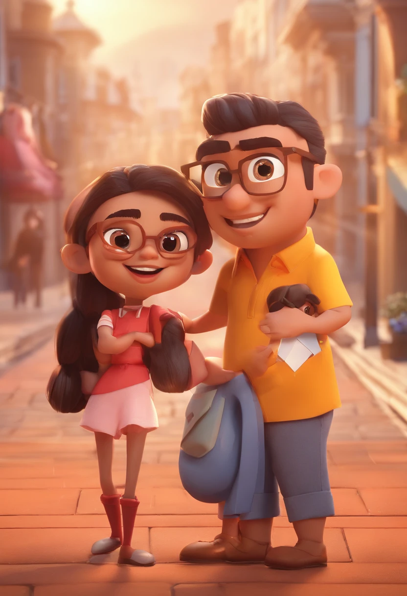 An illustration of an adorable couple, Highlight for a chubby mulatto man with glasses smiling and a brunette woman with beautiful expressive eyes - the man's skin is mulatto and the man's hair haswhile the woman's skin is black and the woman's hair is straight and brown. They are a bright room, cada um com um sorriso no rosto, e compartilhar um momento especial caracterizado pelo amor, Insights. Illustrate this scene from a perspective where they are facing the camera, Smiling and Showing Your Connection. Desenvolva esta arte em Full HD, Focus on your cinematic touch, Estilo Disney Pixar Animations