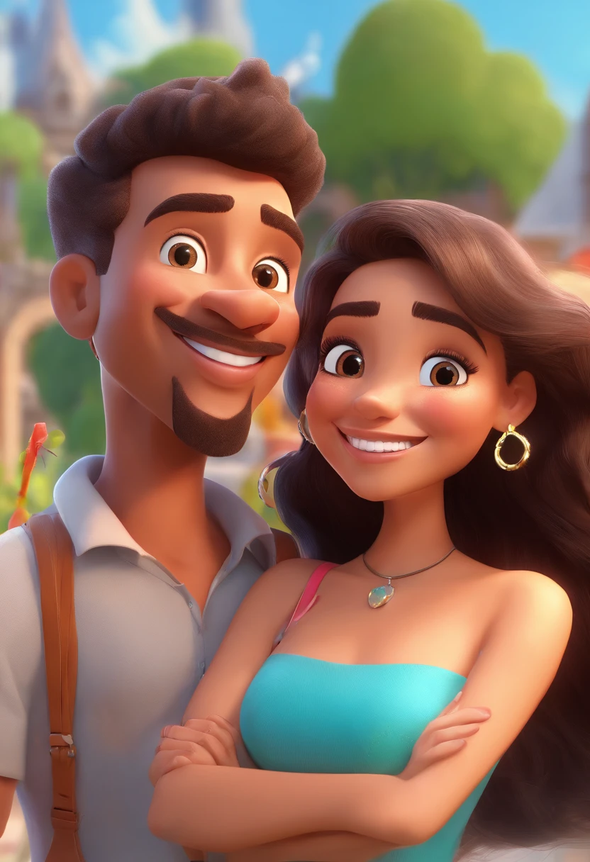 An illustration of an adorable couple, Highlight for a chubby mulatto man with glasses smiling and a brunette woman with beautiful expressive eyes - the man's skin is mulatto and the man's hair haswhile the woman's skin is black and the woman's hair is straight and brown. They are a bright room, cada um com um sorriso no rosto, e compartilhar um momento especial caracterizado pelo amor, Insights. Illustrate this scene from a perspective where they are facing the camera, Smiling and Showing Your Connection. Desenvolva esta arte em Full HD, Focus on your cinematic touch, Estilo Disney Pixar Animations