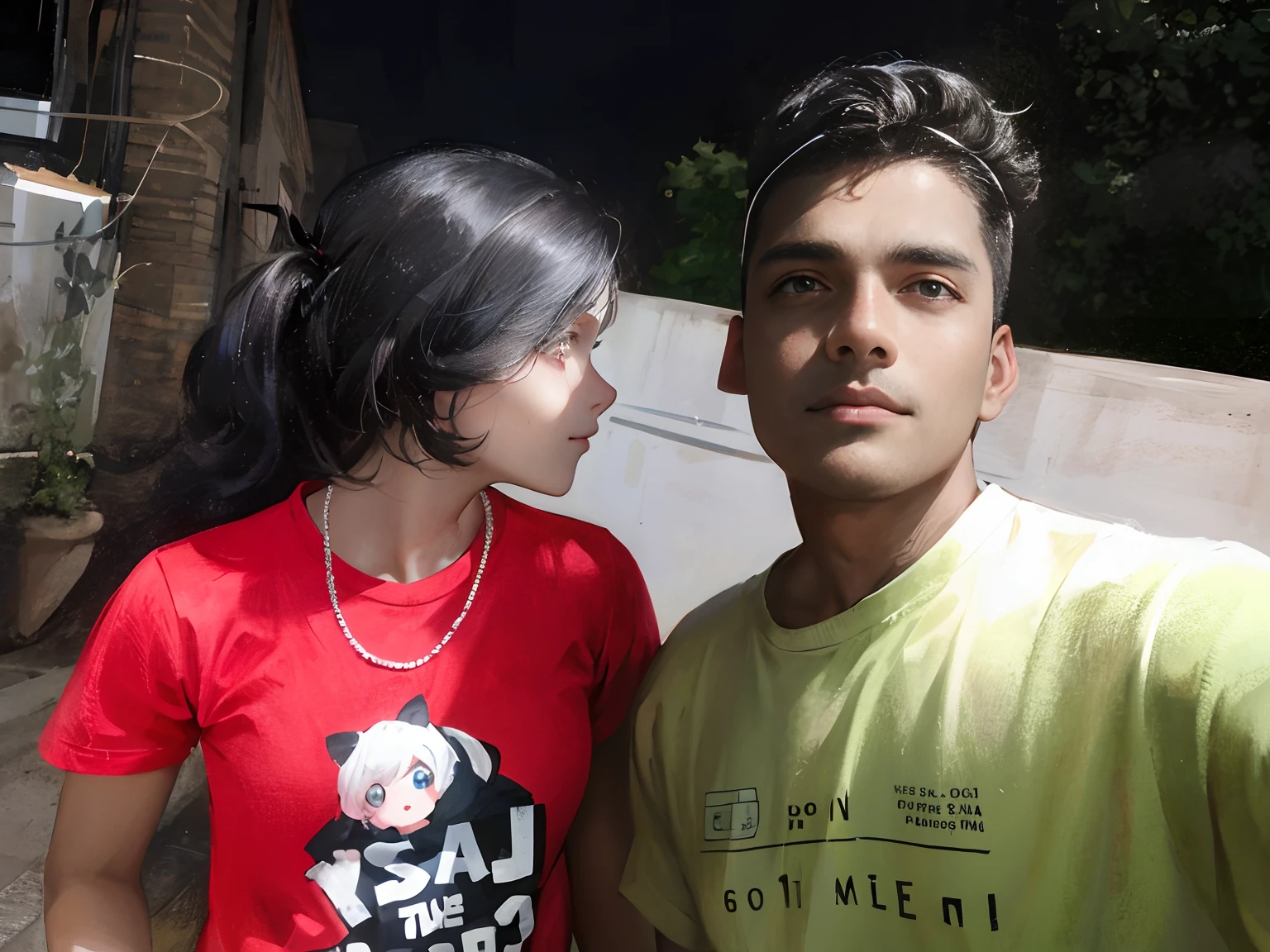 Masterpiece, best quality, super detailed, illustration, beautiful detailed eyes, close up, with a boy and a girl. It is white hair, pink bow, white pajamas. The boy is black hair, comma hair, white t-shirt, black pants. Boys and girls on the street