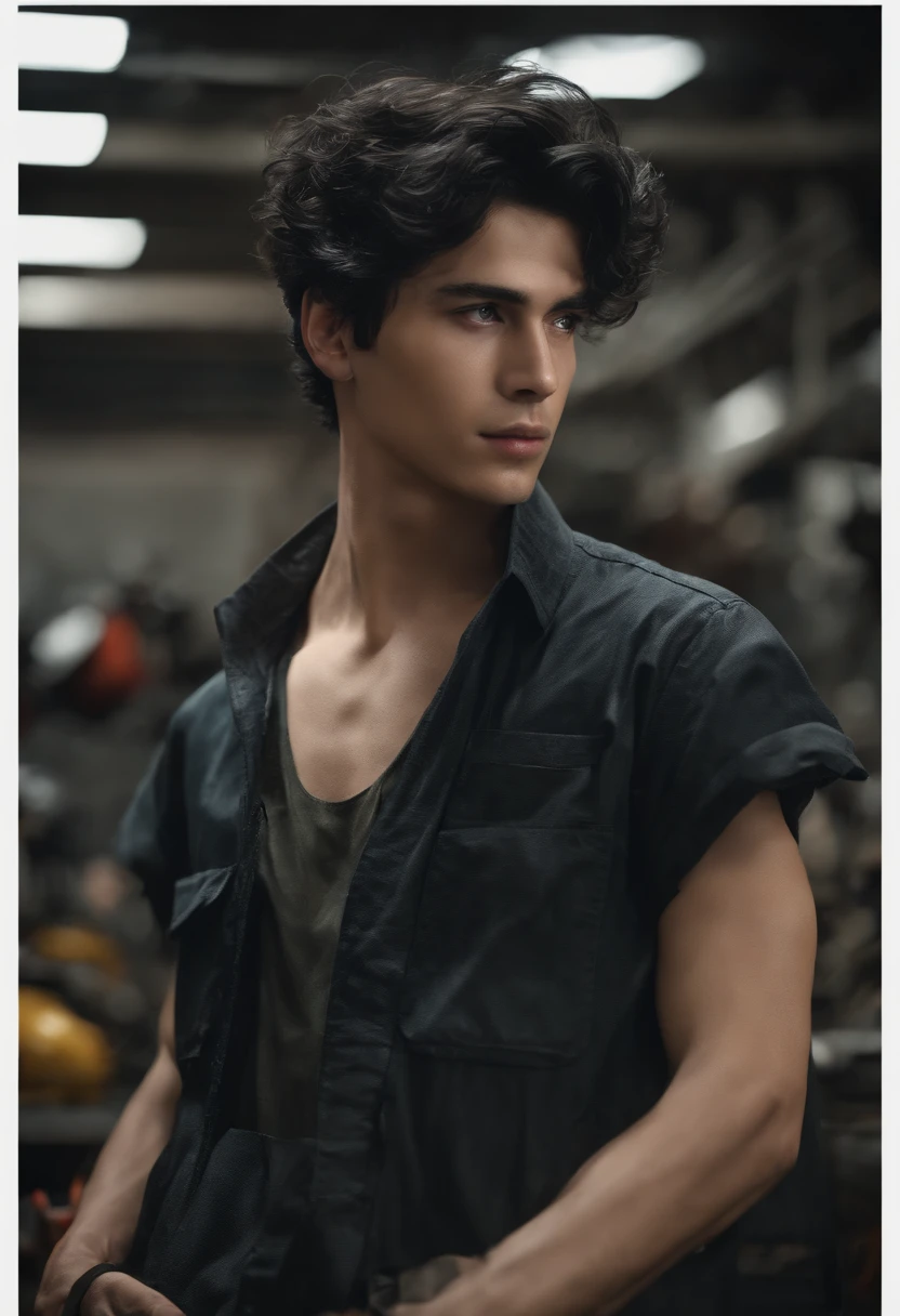 absurd resolution, high resolution, (master part: 1.4), hiper-detalhe, messy short black hair of young man, soldador vestido, factory high-tech workbench, tela tech-sense