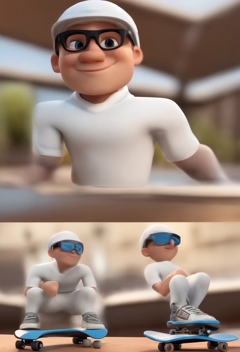 Cartoon character of a man with black glasses and a black t-shirt, barba grande com 34 anos professor de skate, Next to you, 7-year-old students with skateboards and safety gear, animation character, Caractere estilizado, animation style rendering, 3D estilizado, Arnold Maya render, 3 d render stylized, toon render keyshot, Personagem 3D, Personagem 3D, 3d rendering stylized, 3 d character render, personagem de desenho animado, Personagem de close up, Pose de personagem,  (Estilo Pixar) (master part:1.2) (Bokeh) (best quality) (pele detalhada) (textura detalhada) (8k) (argila) (Cinematic lighting) (foco nítido