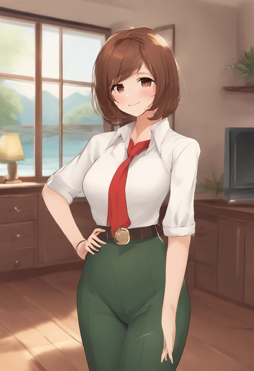 master part, extremely high quality, best quality, 1girl, sozinho, Olhando para o Viewer, , Tezuka Rin, (Amputees without arms:1.2), brown hair, colar, camisa de gola, (amputado duplo:1.2), olhos verdes, Katawa Shoujo, gravata vermelha, camisa, short hair, sozinho, camisa branca,  Lozhkin, sorriso, dentes precisos com lacunas