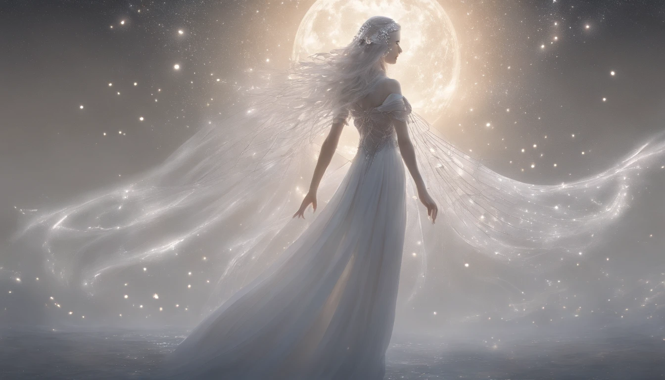 Masterpiece, Beautiful goddess of the void, Standing in white transparent clothes under the empty night star, Disappearing transparent pants, Full body standing, Tall figure, Slender legs, Facial details, Detailed body part details, 8K wallpaper