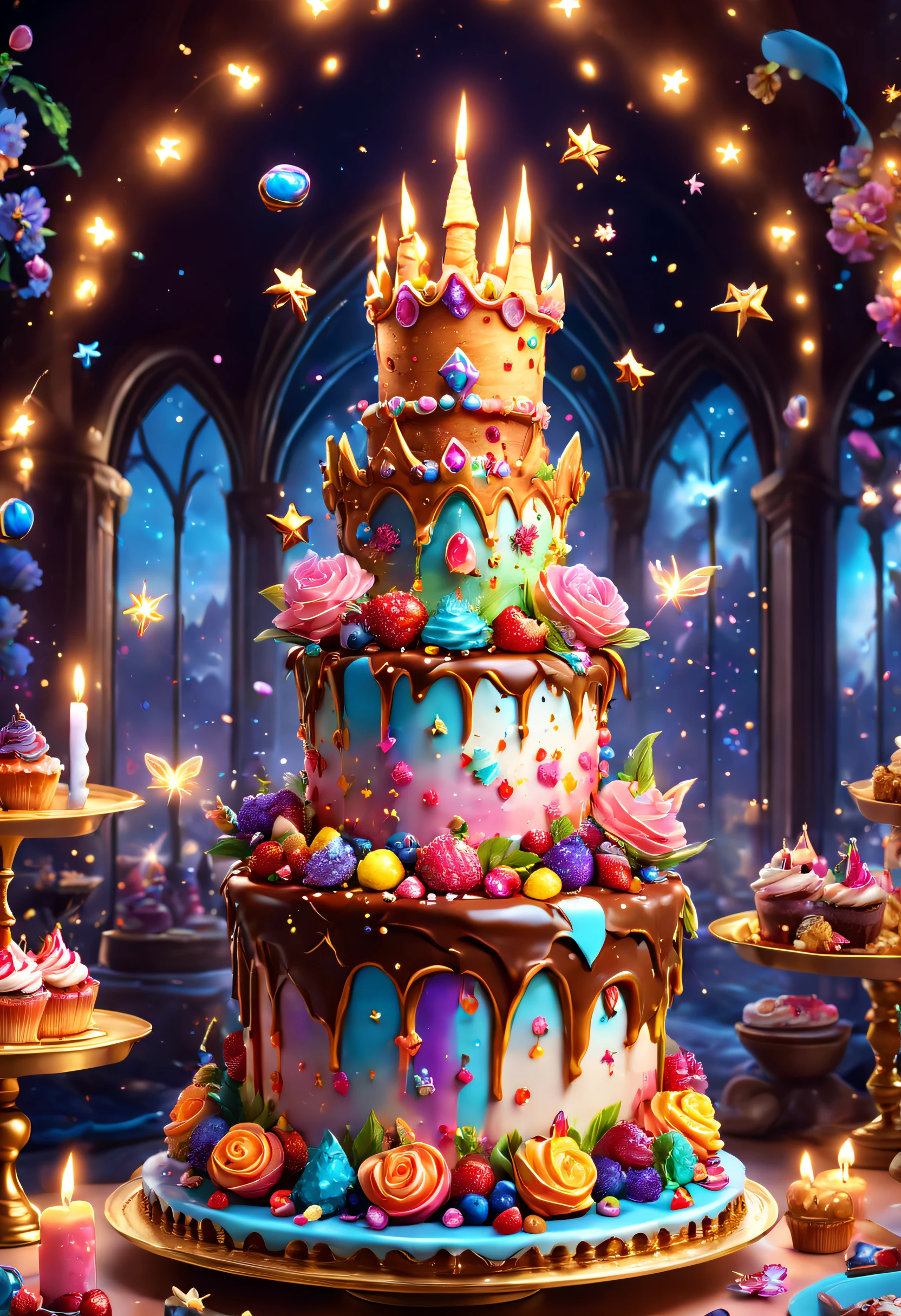 Beautiful 8K Ultra HD professional photos, Sharp focus, In a stunning fantasy world, Beautiful fairy with a crown standing next to a birthday cake filled with gems, A joyful smile, In a luxurious palace,A huge cake,It has candles and confetti on it, Huge birthday cake, with sparkling gems on top,isometry,icecream,Confectionery,Beautiful rainbow cake,Dessert shop,There is a large cake in the shape of a castle,There are a lot of different ingredients on it, A few colorful candles on the cake,There are exquisite sweets and chocolates nearby,Fine cream,detailed flowers,small flower,Leaves and stars that reflect light,seductive appearance,Vivid colors,Sharp focus,Ultra-detailed,A masterpiece of art,professional,rich deep color,Intricate details,Attractive lighting,astrophotography,framed,Centered,symetry,fantasy bakery, Fantasy art Behance, cake art, 3d magical details, Stylized 3 D, 4k highly detailed digital art, 3 d epic illustrations, 4 K detail fantasy, 3 d render stylized, 8K high quality detailed art, fairytale artwork, trend on behance 3 d art
