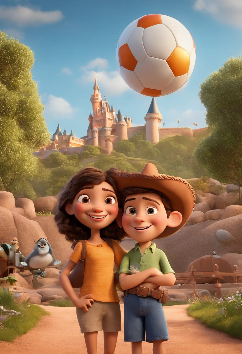 Create a Disney PIXAR-style 3D poster. ((centro da imagem, 2 children)), ((O menino na direita e a menina na esquerda, They're hugging each other, O menino tem pele castanha e cabelos castanhos escuros e olhos castanhos escuros, a menina tem pele clara, olhos e cabelos escuros e lisos)) ((tudo isso no estilo Disney PIXAR 3D, In the background, o gramado de um campo de futebol, The grandstand is full of folks 3D render RTX clay material, estilo de design cartunesco, POP Mart, soft lighting, linhas suaves, Spring tilt, Detailed illustrations of PIXAR 3D, Detalhes hiper-realistas, cor quente no estilo Disney PIXAR 3D))