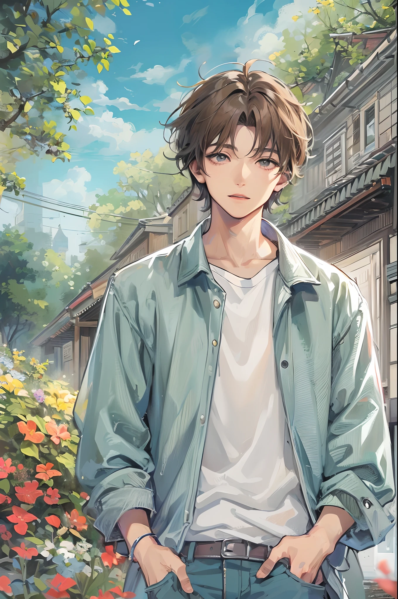 Absurdres masterpiece HDR high quality picture of a character from Hana yori dango anime, 1 boy , character is with detailed face, simple hair design , happy face, different clothes , ((short hair style:1 )) , anime eyes, light skin ,
Wearing random outfit from anime, detailed outfit, nice background, masterpiece scenery