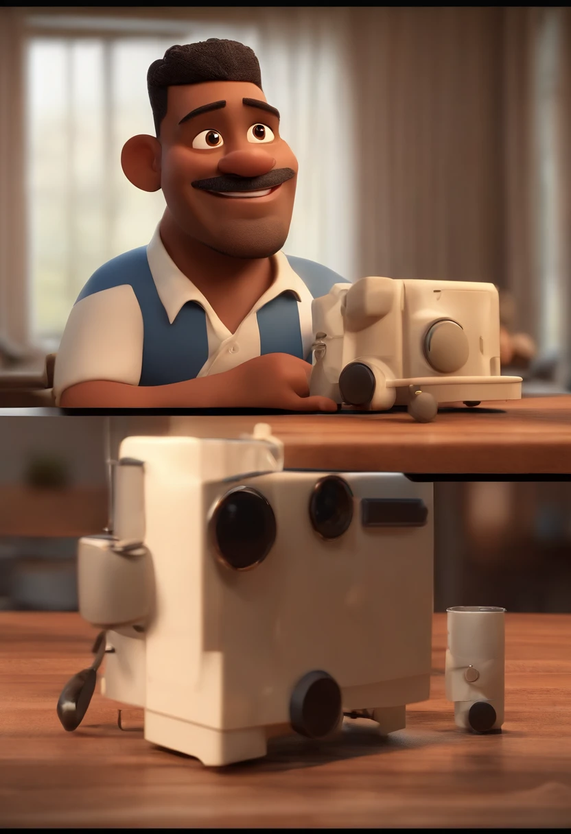 Personagem de desenho animado de um homem negro e uma camisa branca, cavanhaque, With camera in hand and 48-year-old cartoon character, Caractere estilizado, animation style rendering, 3D estilizado, Arnold Maya render, 3 d render stylized, toon render keyshot, Personagem 3D, Personagem 3D, 3d rendering stylized, 3 d character render, personagem de desenho animado, Personagem de close up, Pose de personagem,  (Estilo Pixar) (master part:1.2) (Bokeh) (best quality) (pele detalhada) (textura detalhada) (8k) (argila) (Cinematic lighting) (foco nítido