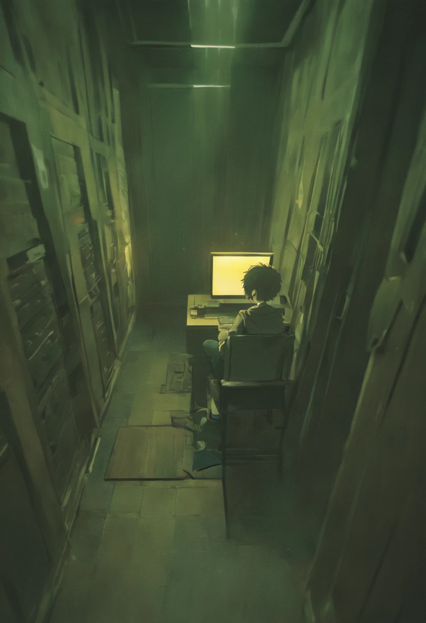 (mythic,masterpiece:1.2) A sad boy sitting with his back turned, using a computer alone, [lonely] [melancholic] [isolated] [detailed posture], studying [intensely], in a dimly lit room, vintage-styled, [reminiscent of a classic painting], with the light from the computer screen casting a soft glow on his face and surroundings, [subtle shadows], [subdued colors], [gentle light rays], [soft focus].