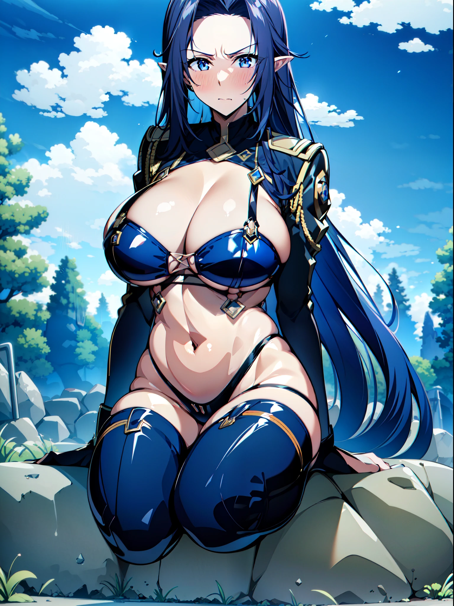 masterpiece, best quality, extremely detailed, 1girl, mature female, solo, (huge breasts:1.4), (((Dark Blue Hair, long hair, Bangs, Dark Blue Eyes, pointy ears))), parted lips, (((race queen, cropped jacket, highleg bikini, micro shorts, black gloves, thigh boots))), ((blush, angry), closed mouth), ((sitting on a stone, forest, dark sky, storm clouds)), (((full body)))