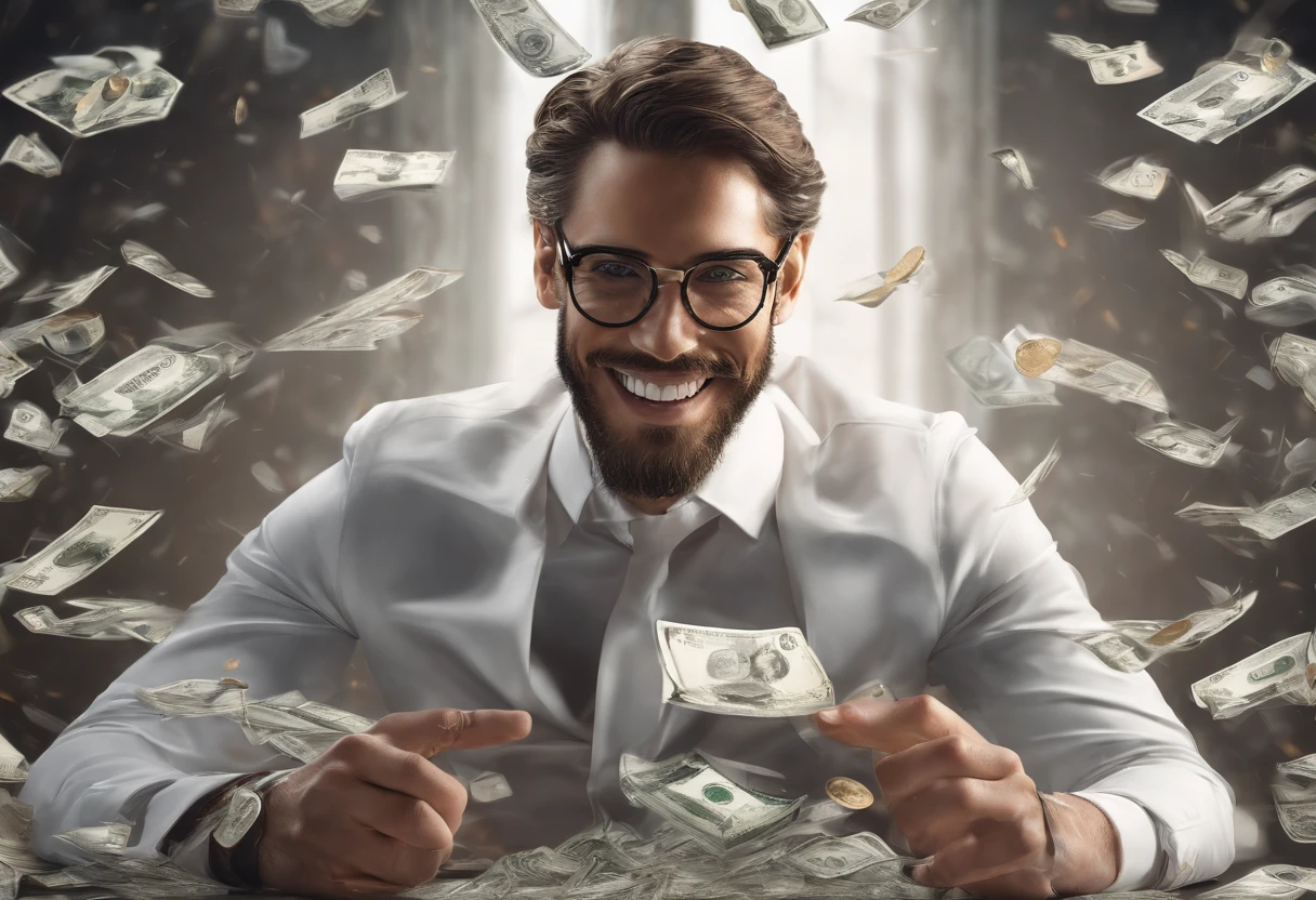 um homem,sorridente,relaxante,goodlooking,meia-idade,Sentado na frente do PC,Lots of coins and bills are falling like rain behind him,Holding the glass in my hand,Muito wad、imagem brilhante、Clear facial expressions