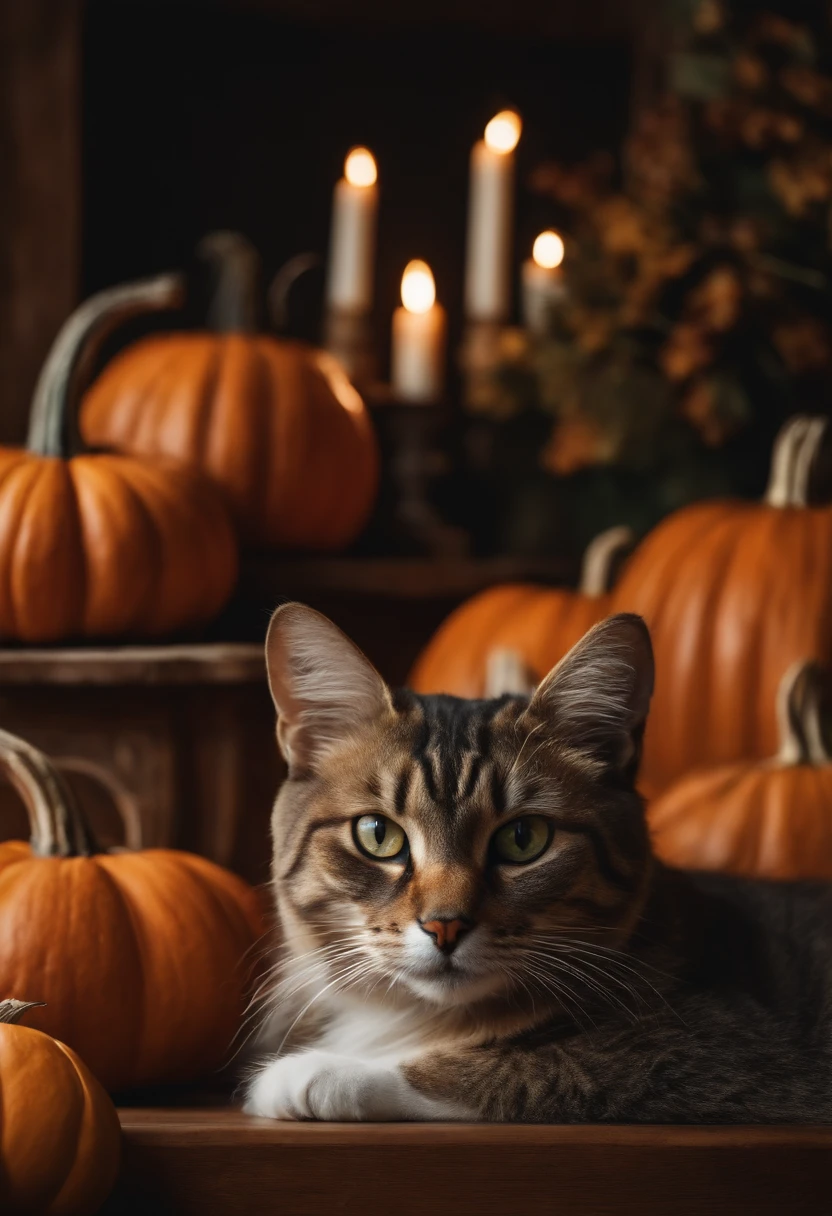 With a realistic photo of a cat mysteriously peeking out of a carved pumpkin、beard is twitching.