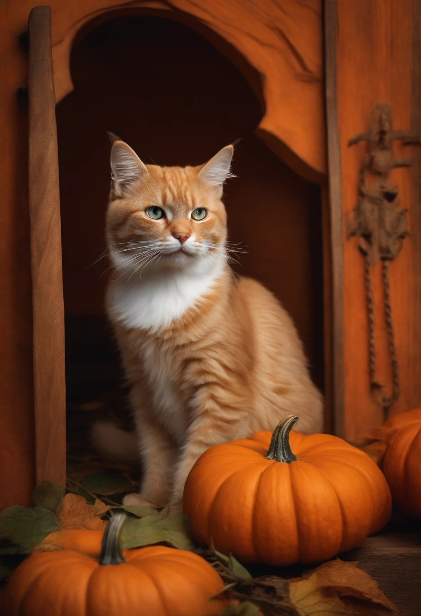 With a realistic photo of a cat mysteriously peeking out of a carved pumpkin、beard is twitching.