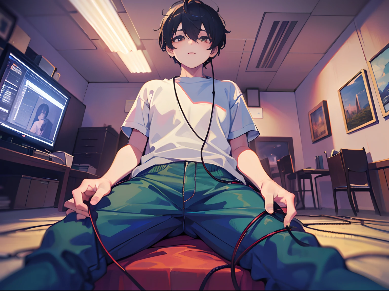 ((best quality)), ((ultra-detailed))). (((Masterpiece))), illustration. (A boy) was wearing a loose sweatshirt and loose pants. Pengsong's hair, in a dimly lit room, despair, virtual reality, futuristic environment, surrounded by screens and wires, naked, jerking off, NSFW