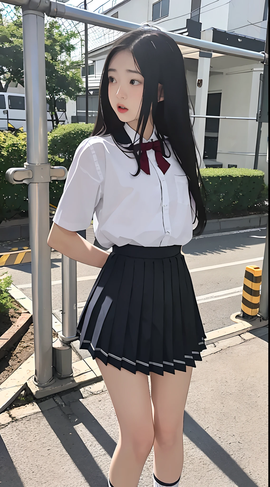 , tiny pleated skirt, having forced sex, trapped in an iron bar, headless, ray tracing, HDR