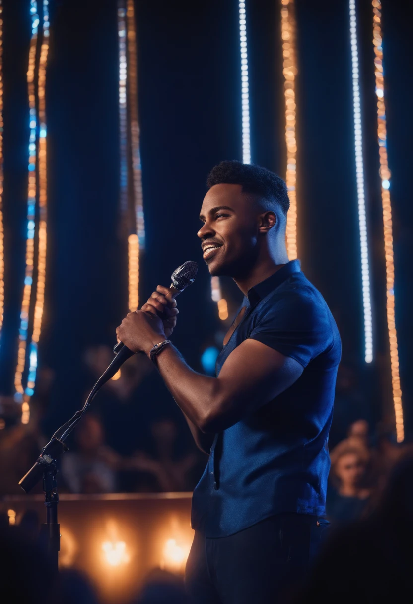 Make Disney Pixar Style Poster Singer Style Man On A Stage With Blue Neon Light Black Short Shirt Navy Blue Pants And Holding Microphone