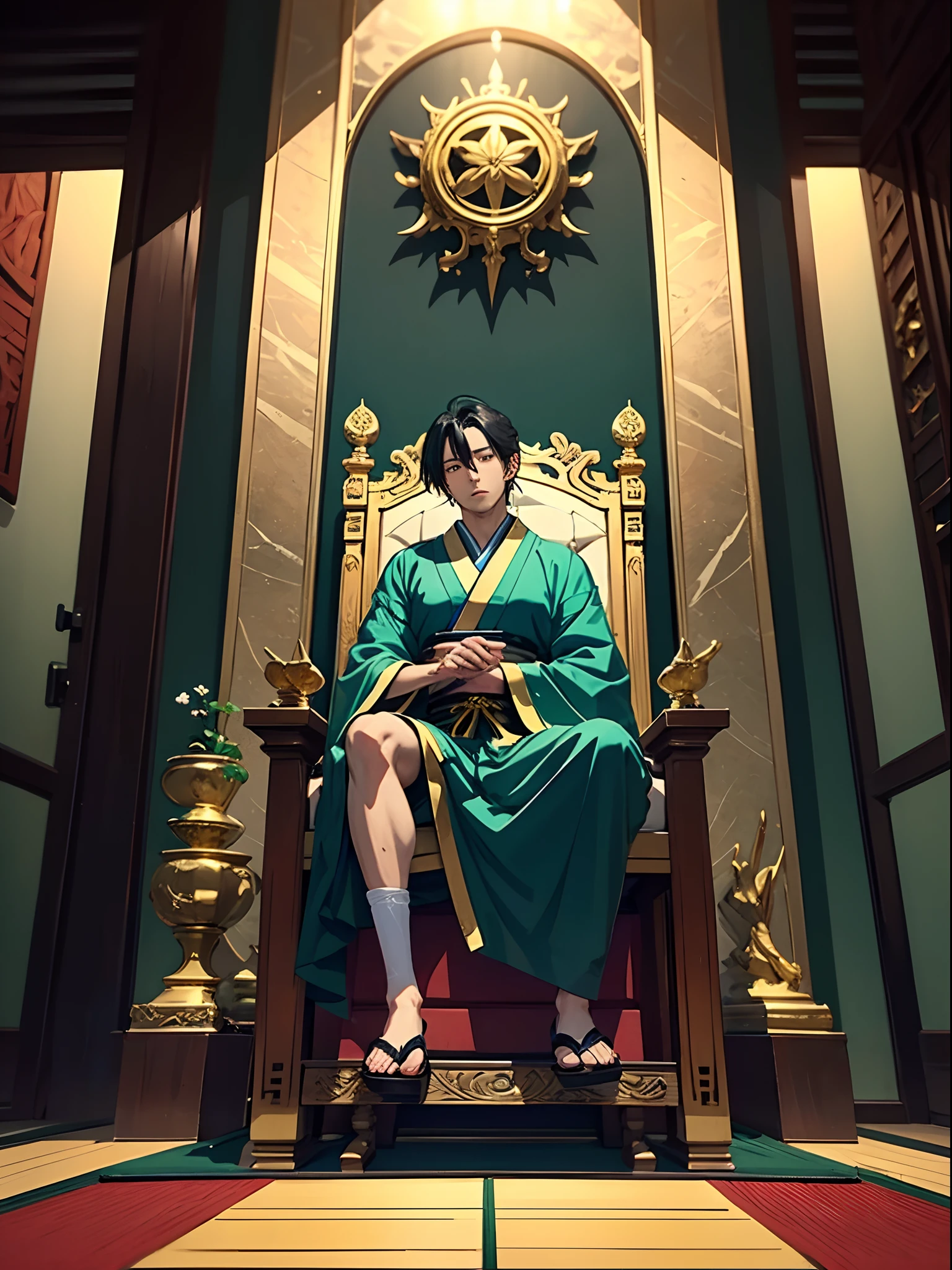 a handsome anime man on the translucent jade throne, beautiful hall in japanese style, gold, intricate carving, marble