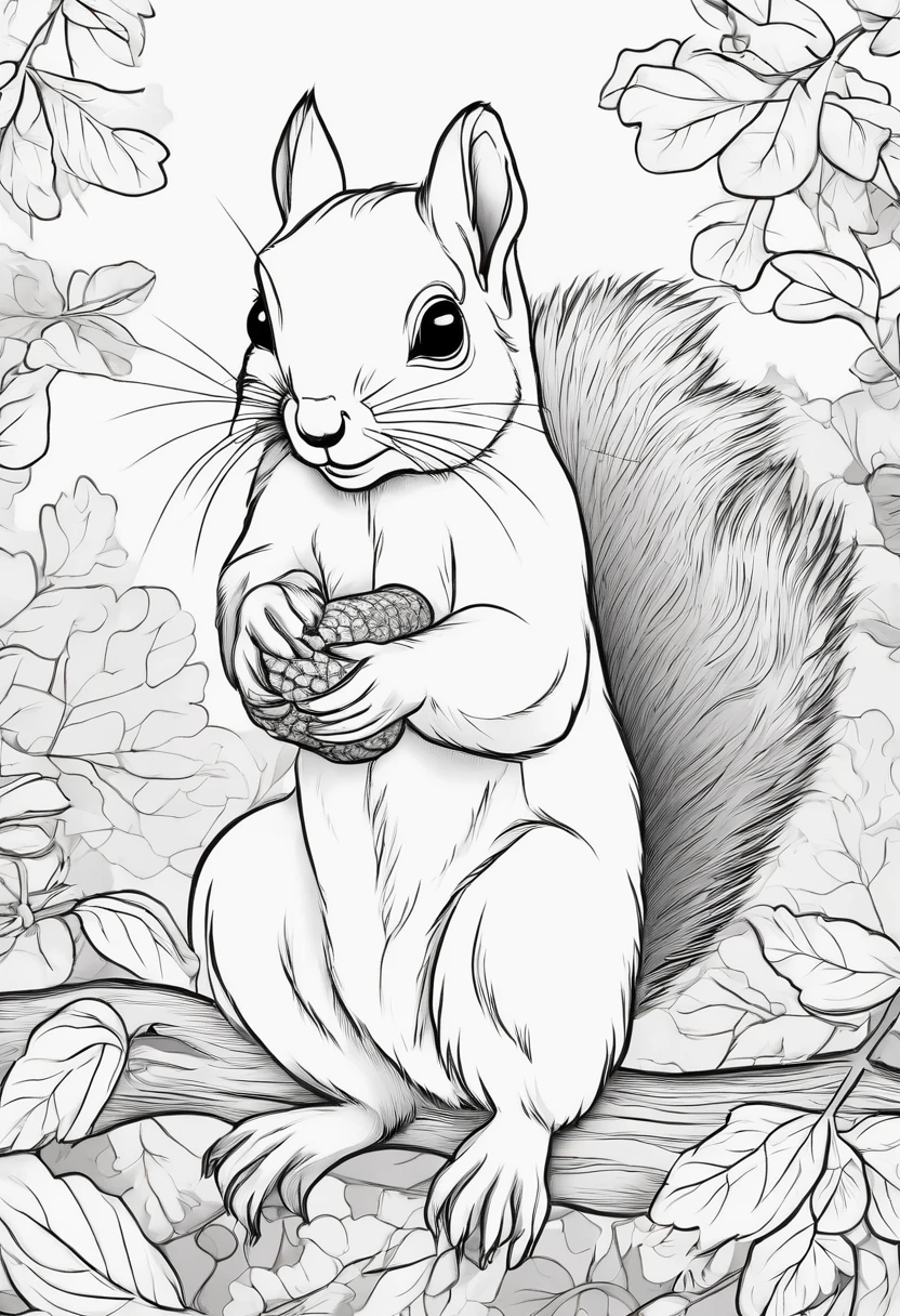 Generate black and white colouring pages of a squirrel eating an acorn, cute cartoon-style animals with low detail, no shading, no shadows, no background, and no borders.