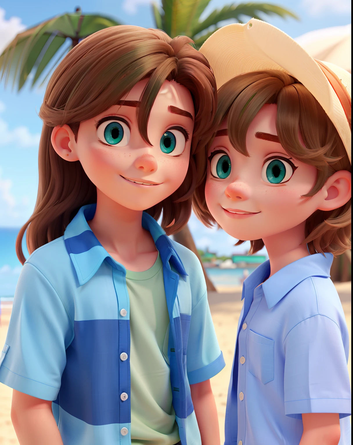 Make a blue-eyed boy with Vasco's shirt next to a girl with Vazco's shirt with lightened brunette hair with green eyes on the beach