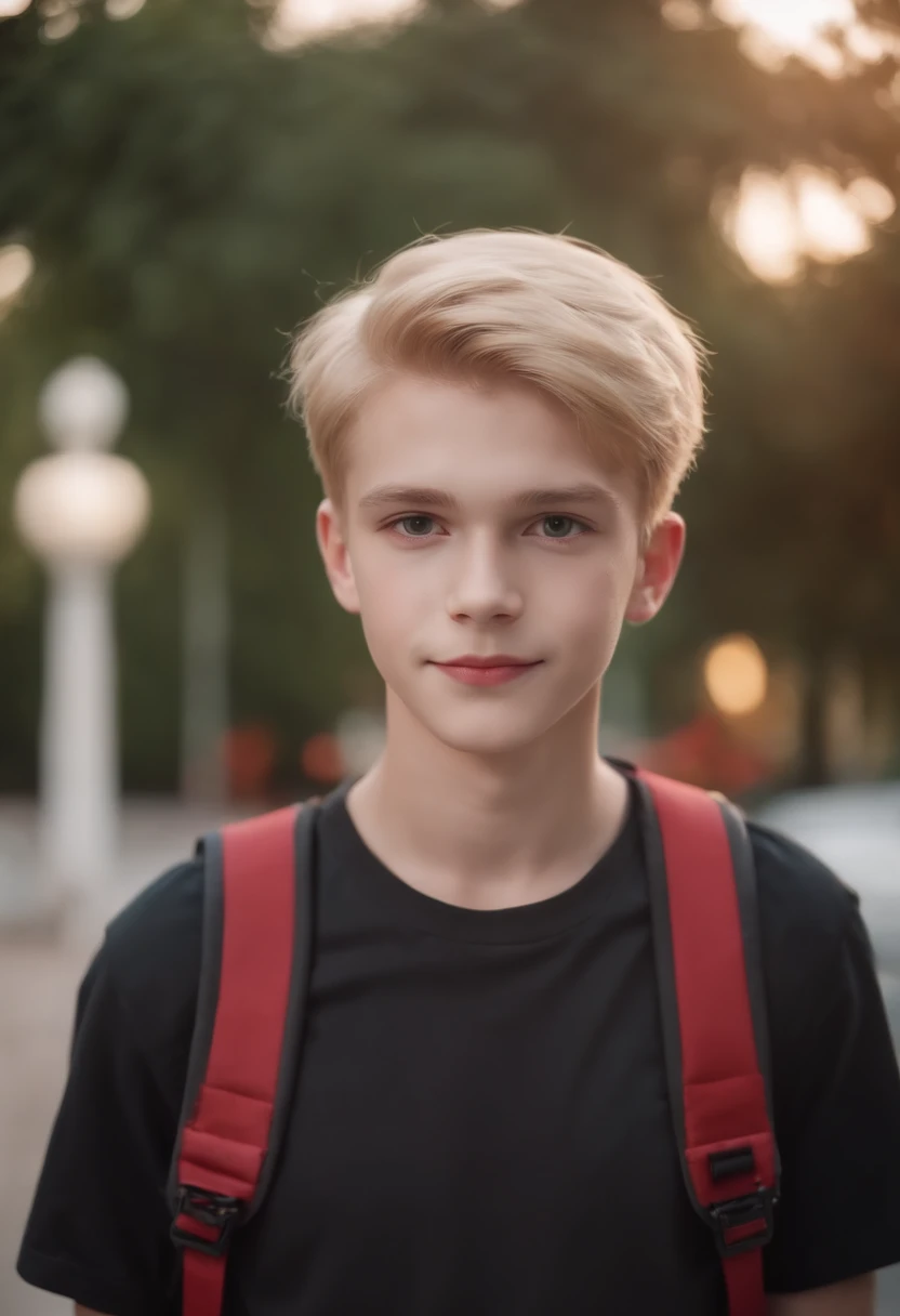 Blonde boy with short red eyes hair with villain smile in black shirt with red backpack strap