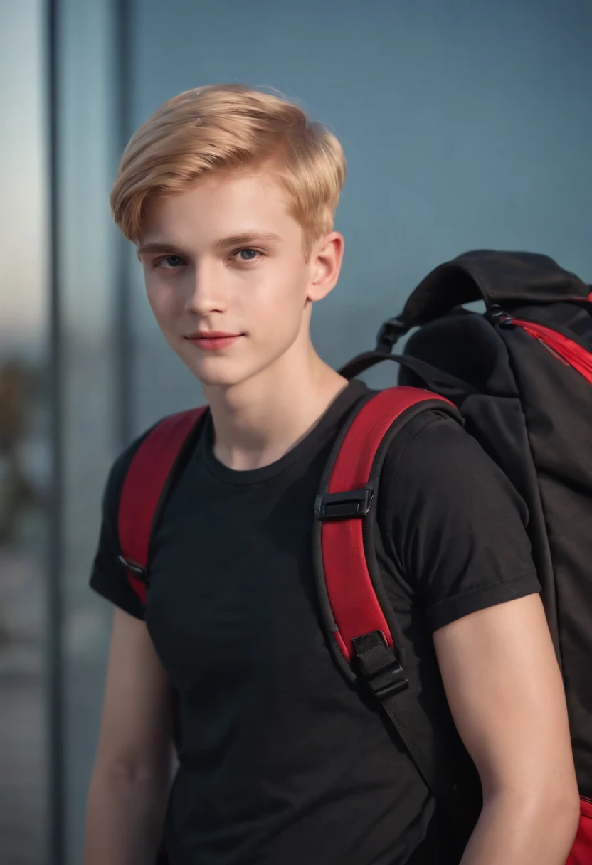 Blonde boy with short red eyes hair with villain smile in black shirt with red backpack strap